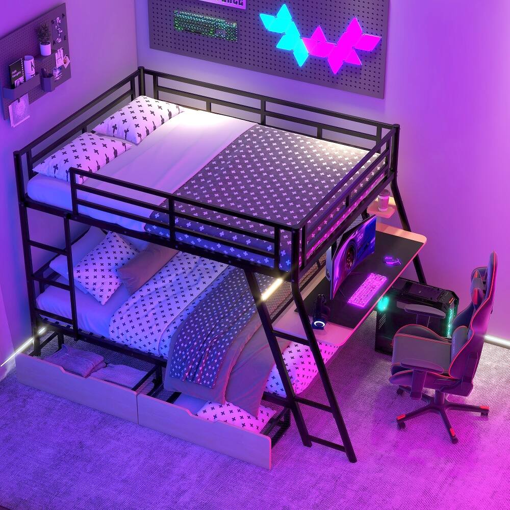 Angle. Loheer - Loheer Full Size Metal Bunk Bed with Built-in Desk, Light and 2 Drawers, Black - Black.