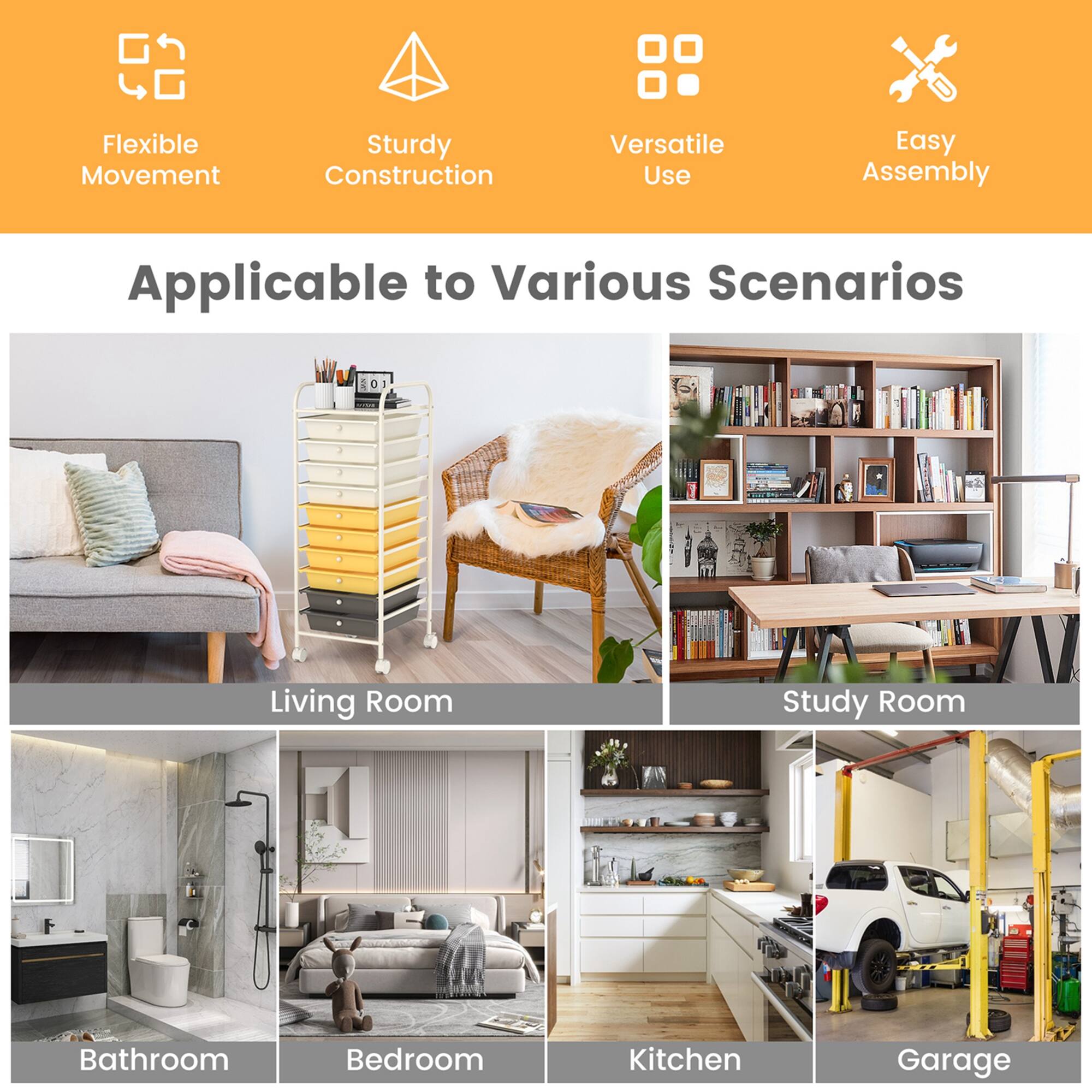 The text on the image is grouped and corrected as follows:

1. Living Room
2. Study Room
3. Bathroom
4. Bedroom
5. Kitchen
6. Garage

The text describes the advantages of the product, such as flexible movement, sturdy construction, versatile use, and easy assembly, making it applicable to various scenarios.