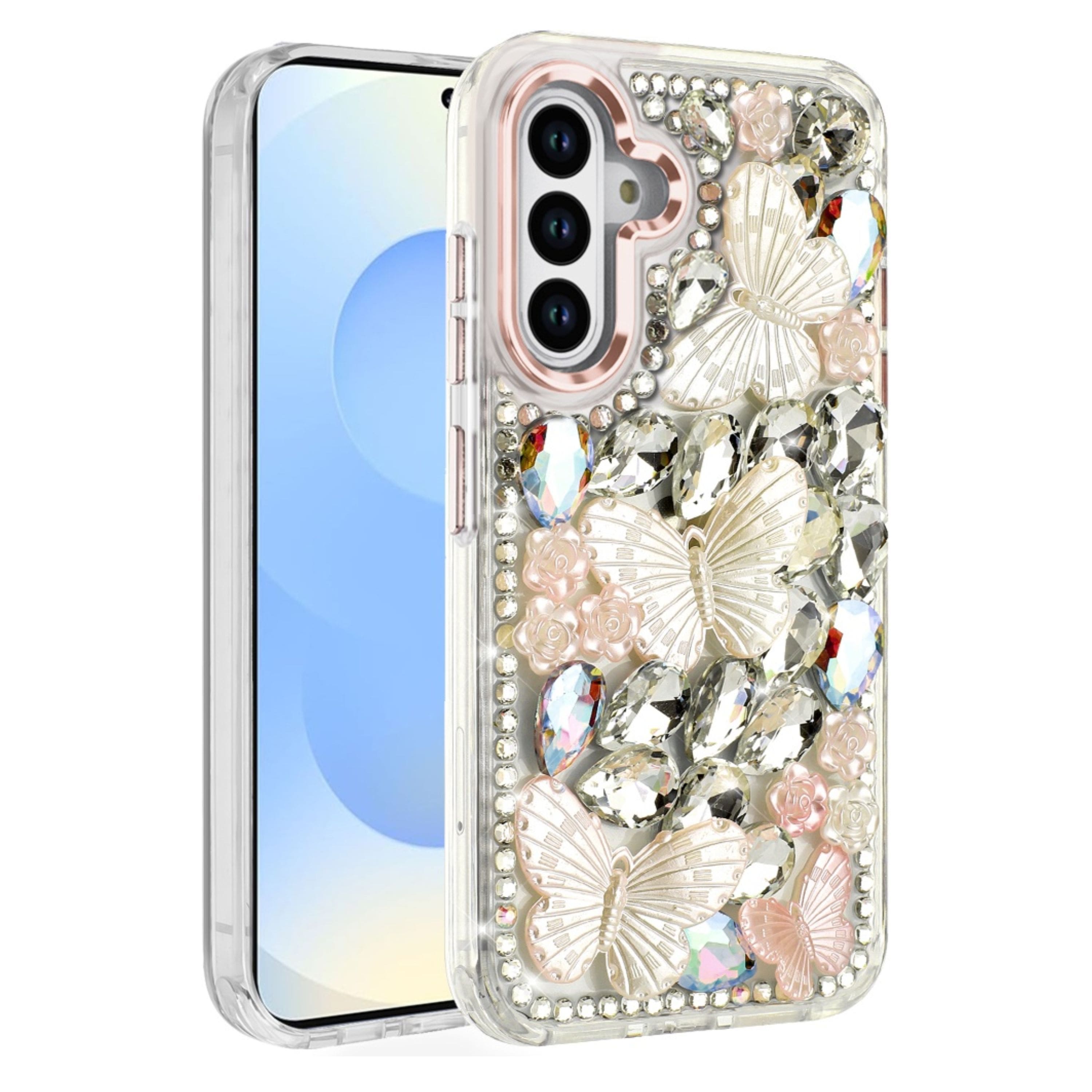Kitcheniva - Bling Diamond Large Butterflies Design Phone Case With Tempered Glass For Samsung Galaxy S25/S24 - Rose Gold price history on PriceWatchPro