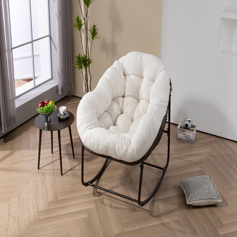 Alt View 1. Loheer - Loheer Outdoor Rocking Chair Oversized Egg Chair Rattan Patio Rocker with Padded Cushion White - White.