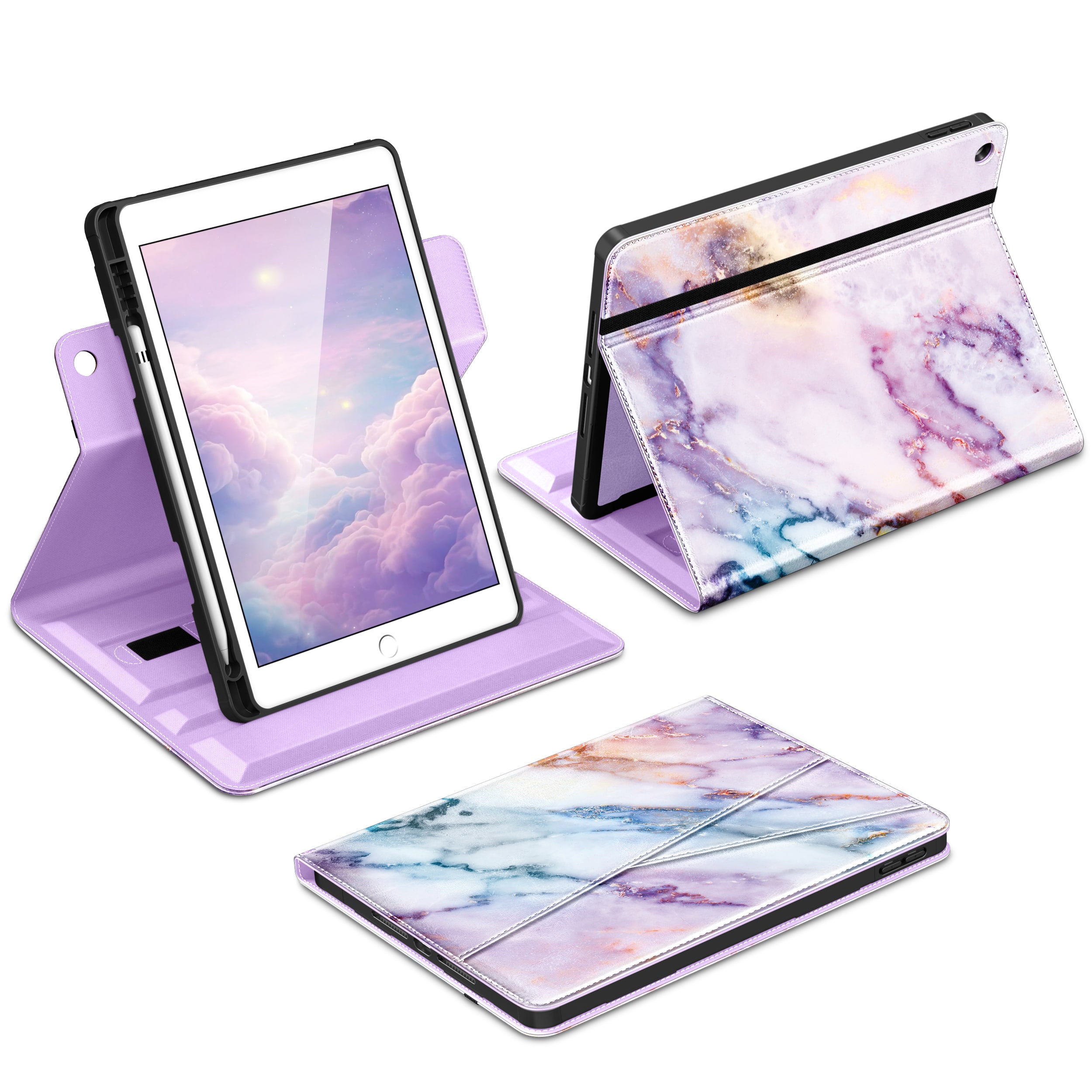 DTTO - Case for iPad 9th / 8th / 7th Generation 10.2-Inch – 360° Rotating Premium Leather Folio Stand Cover with Pencil Holder - Marble Pink