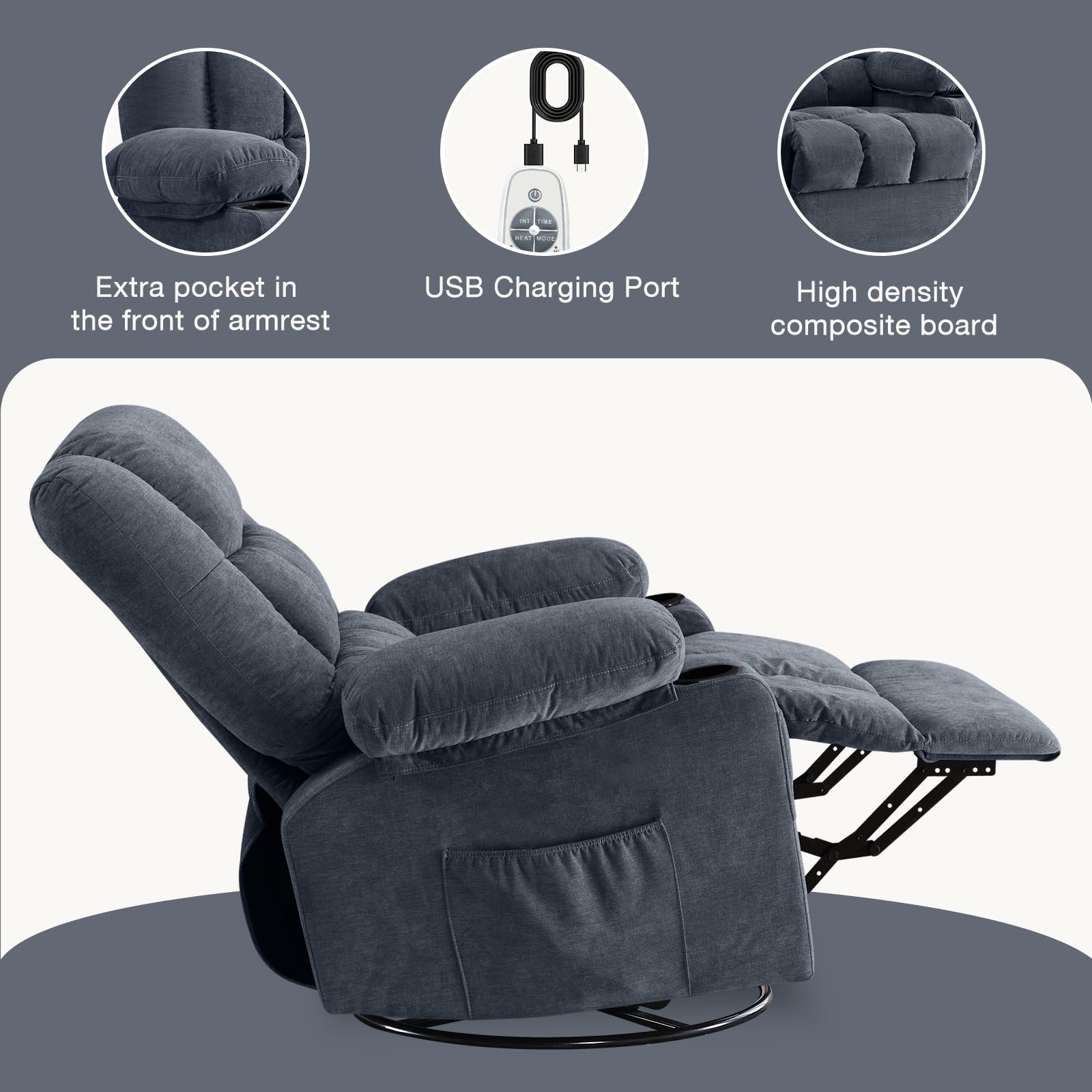 - Extra pocket in the front of armrest
- USB Charging Port
- High density composite board