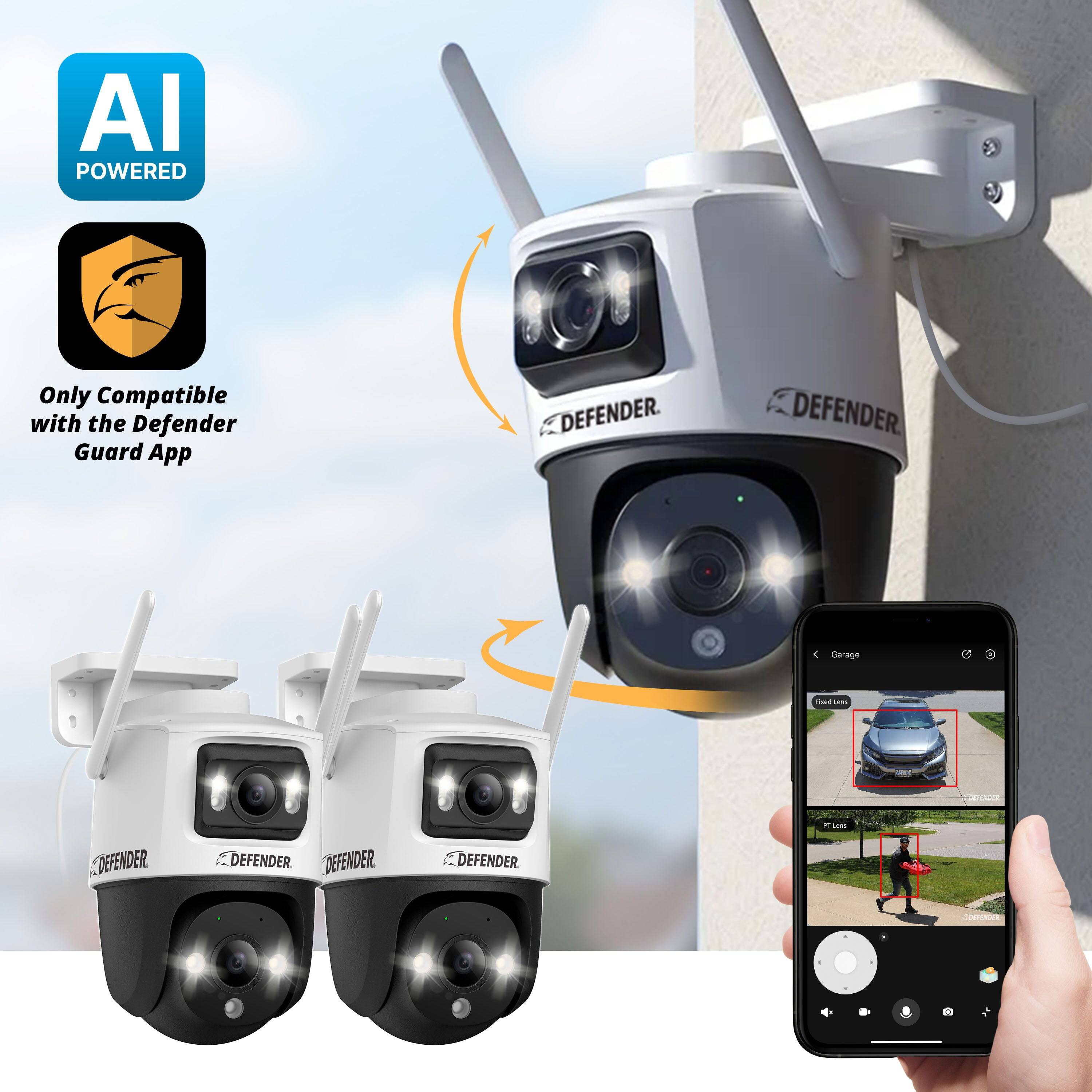 AI POWERED  
Only Compatible with the Defender Guard App  

DEFENDER  
DEFENDER  
DEFENDER  
DEFENDER  

Garage  
First Lens  
PT Lens