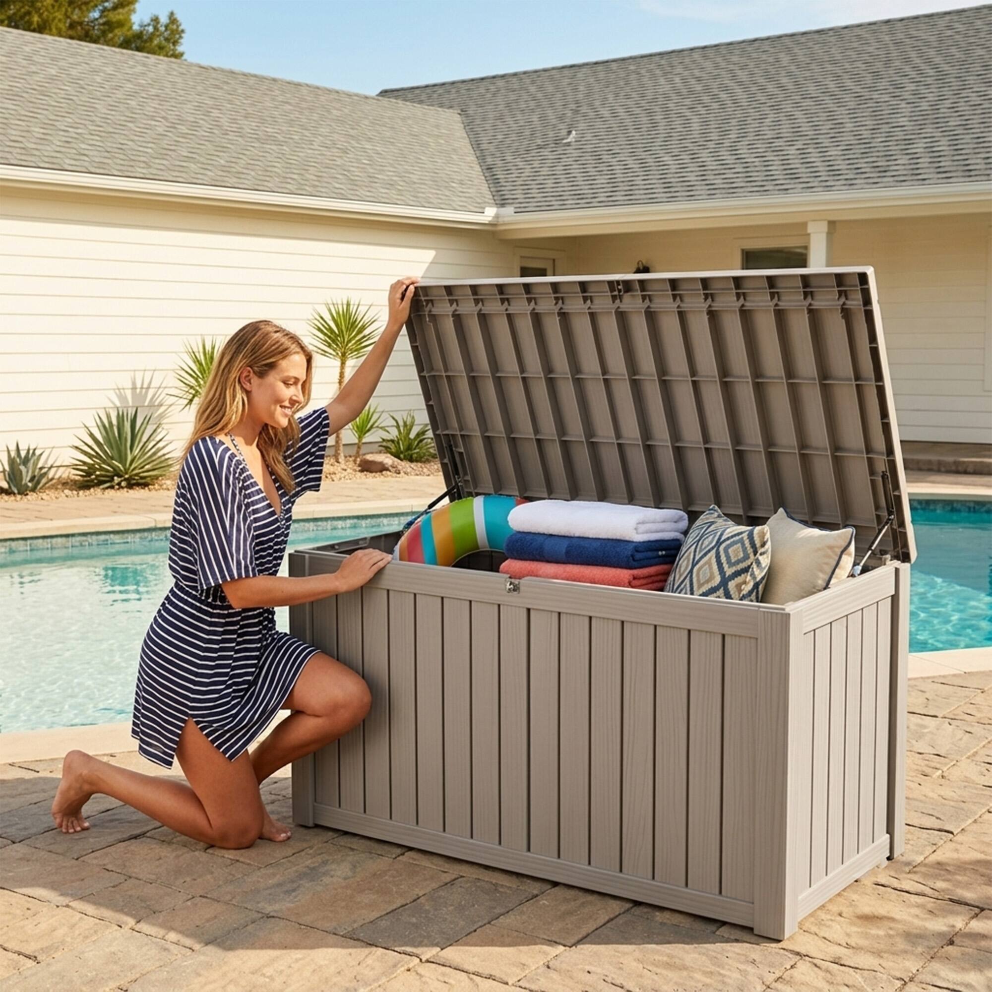 Left. Yardgrace - 190 Gal. Resin Deck Box Outdoor Waterproof Storage Lockable UV Resistant for Patio Furniture Garden Tools Pool Supplies - brown.
