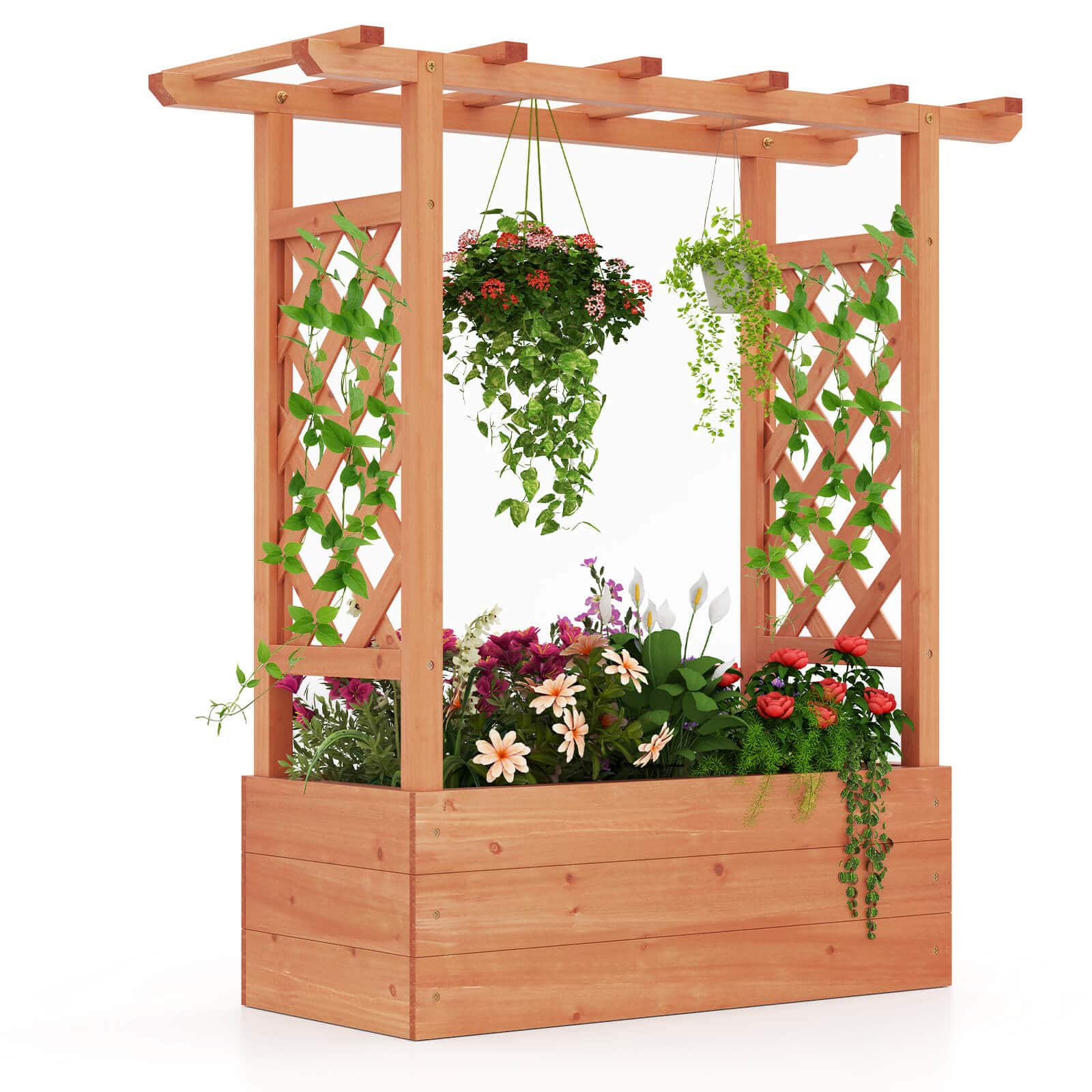 Costway - 1 PCS Wooden Raised Garden Bed with Trellis & Hanging Roof Drainage Elevated Planter Box - Orange