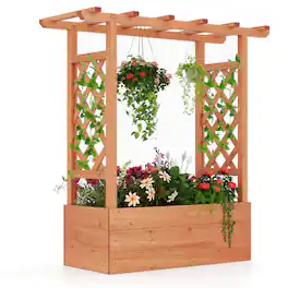 Costway - 1 PCS Wooden Raised Garden Bed with Trellis & Hanging Roof Drainage Elevated Planter Box - Orange