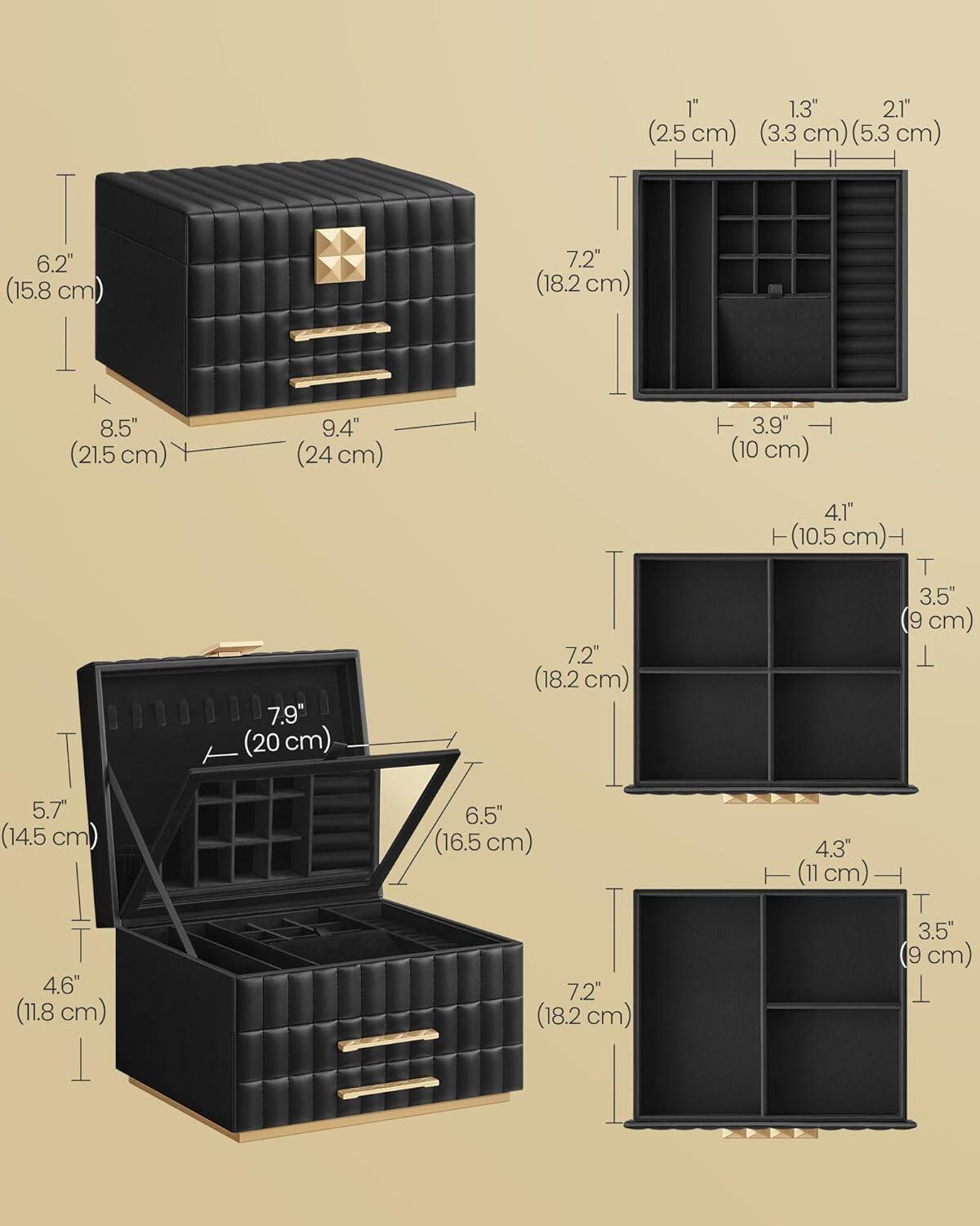 - Height: 6.2" (15.8 cm)
- Width: 8.5" (21.5 cm)
- Depth: 9.4" (24 cm)

- Shelf Height: 7.2" (18.2 cm)
- Shelf Depth: 1" (2.5 cm), 1.3" (3.3 cm), 2.1" (5.3 cm)
- Shelf Width: 3.9" (10 cm)
- Shelf Height: 4.1" (10.5 cm)

- Height: 7.9" (20 cm)
- Width: 6.5" (16.5 cm)
- Depth: 5.7" (14.5 cm)
- Shelf Height: 4.6" (11.8 cm)

- Shelf Height: 7.2" (18.2 cm)
- Shelf Depth: 3.5" (9 cm)
- Shelf Height: 5.7" (14.5 cm)
- Shelf Depth: 4.6" (11.8 cm)

- Shelf Height: 7.2" (18