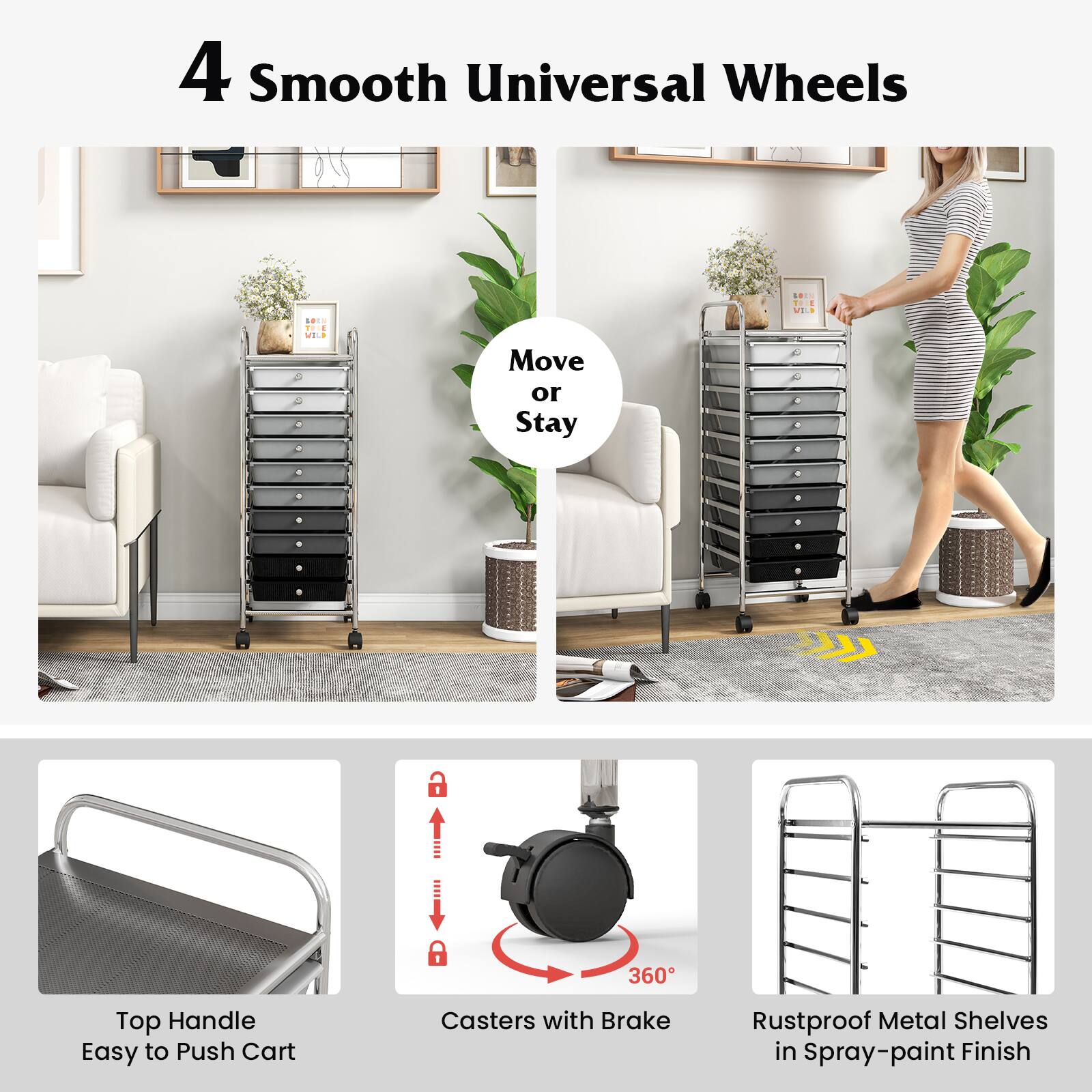 4 Smooth Universal Wheels

Move or Stay

Top Handle Easy to Push Cart

Casters with Brake

Rustproof Metal Shelves in Spray-paint Finish
