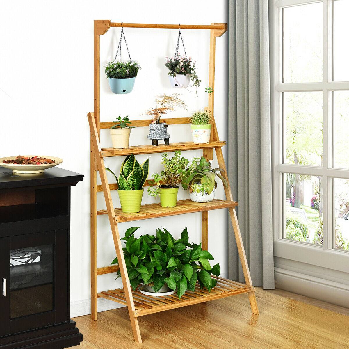 Alt View 1. Costway - 3 Tier Bamboo Hanging Folding Plant Shelf Stand Flower Pot Display Rack Bookcase - Natural.
