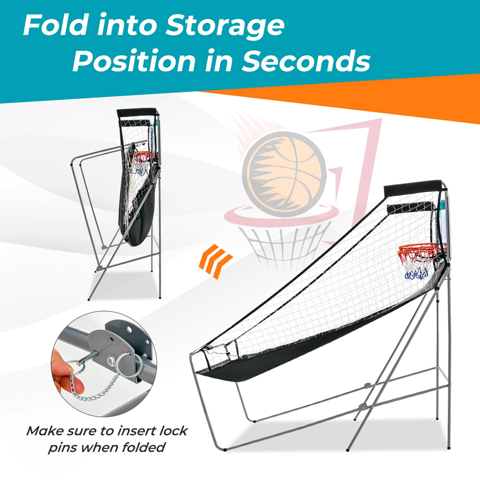 Fold into Storage Position in Seconds: Make sure to insert lock pins when folded.