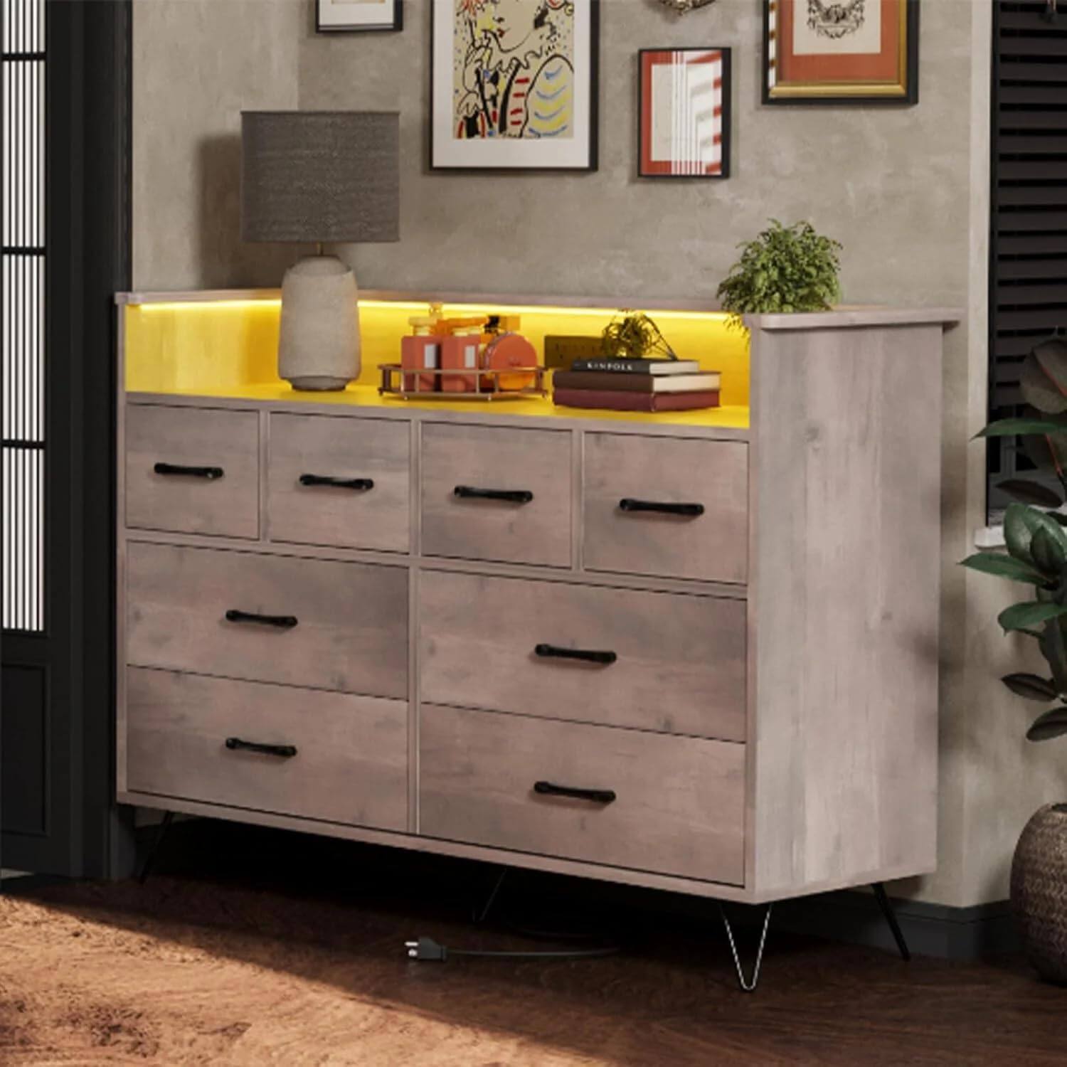 Alt View 3. Acekool - 8-Drawer Dresser TV Stand with LED Light & Charging Station, Wide Wooden Chest with Open Storage, Light Brown - Rustic Brown.