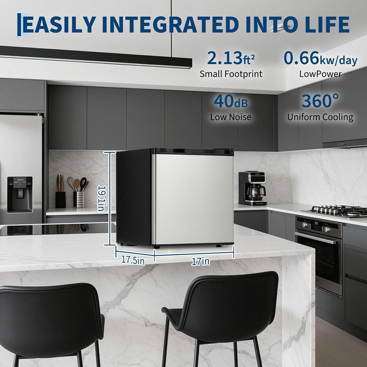 EASILY INTEGRATED INTO LIFE  
2.13ft²  
Small Footprint  
0.66kw/day  
Low Power  
40dB  
Low Noise  
360°  
Uniform Cooling  
19.1in  
17.5in  
17in