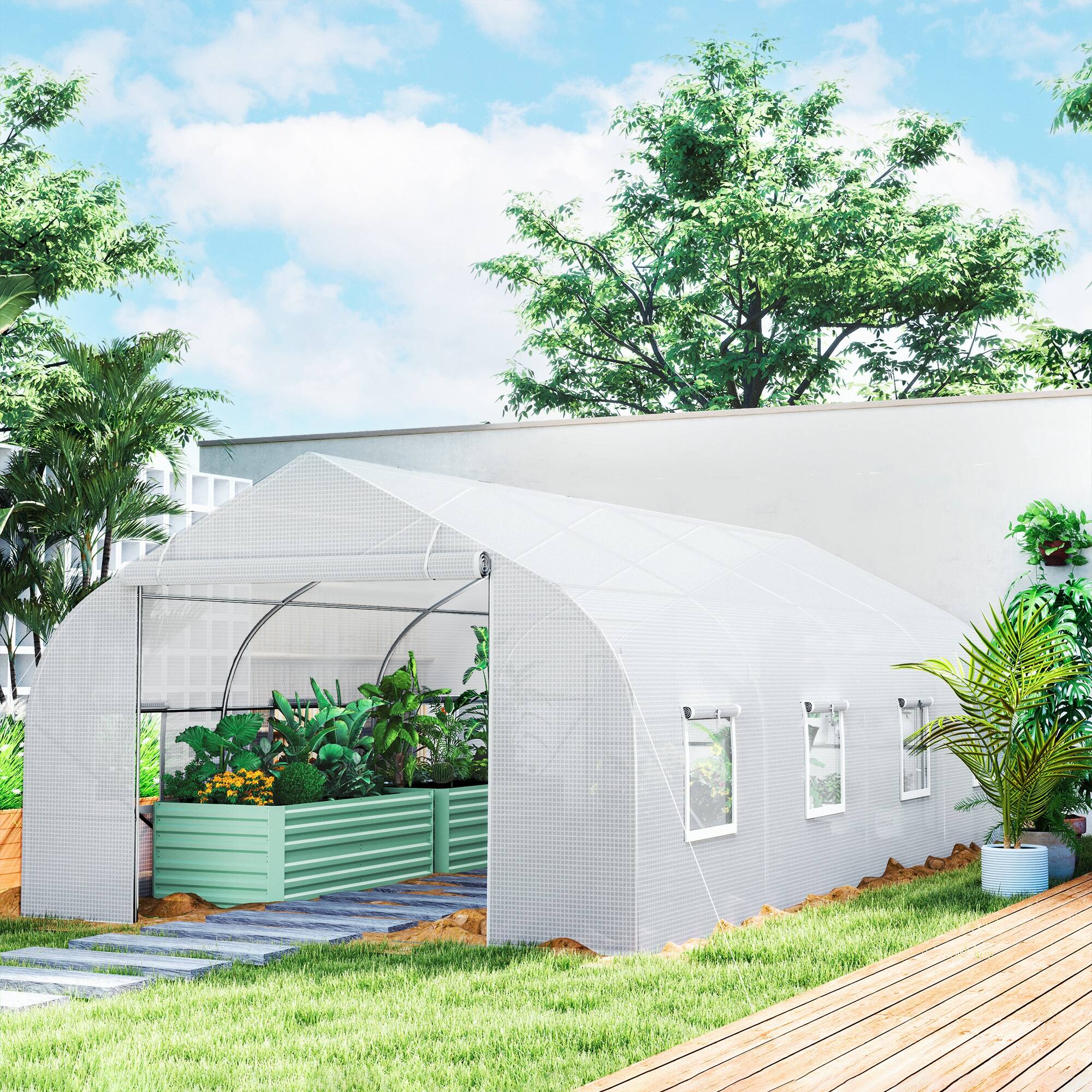 Alt View 1. Outsunny - 20' x 10' x 7' Outdoor Walk-in Greenhouse, Tunnel Green House with Roll-up Windows, Zippered Door, PE Cover - White.