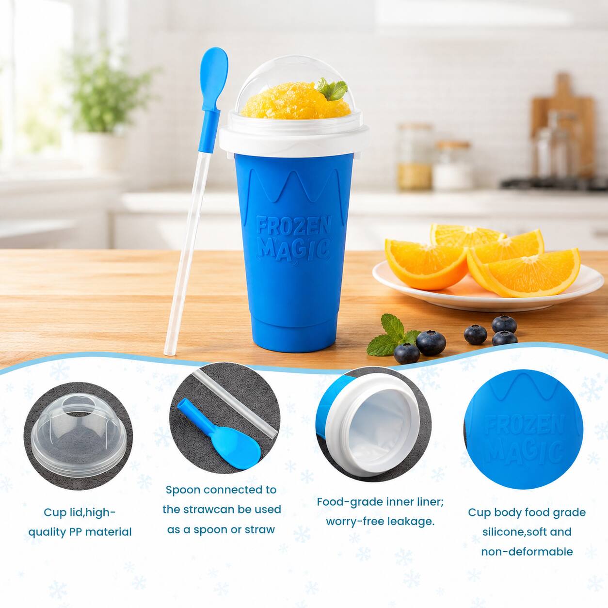 L FROZEN MAGIC Cup lid, high-quality PP material. Spoon connected to the straw can be used as a spoon or straw. Food-grade inner liner; worry-free leakage. FROZEN MAGIC Cup body food grade silicone, soft and non-deformable