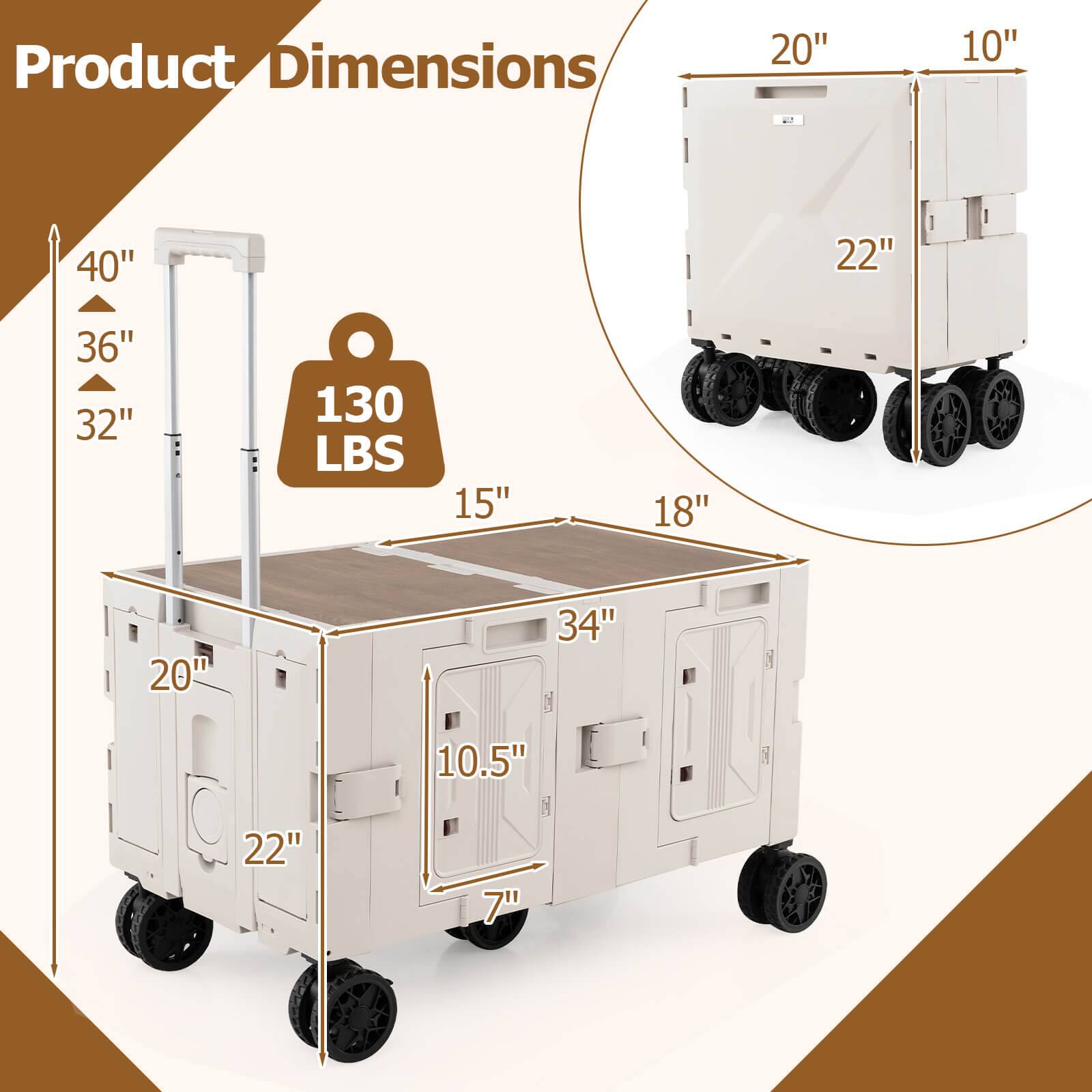 Product Dimensions:  
- Length: 34"  
- Width: 20"  
- Height: 36"  
- Weight Capacity: 130 LBS  
- Drawer Dimensions: 20" x 10" x 22"  
- Side Dimensions: 18" x 10.5" x 7"  
- Handle Height: 40"  
- Base Dimensions: 15" x 22"