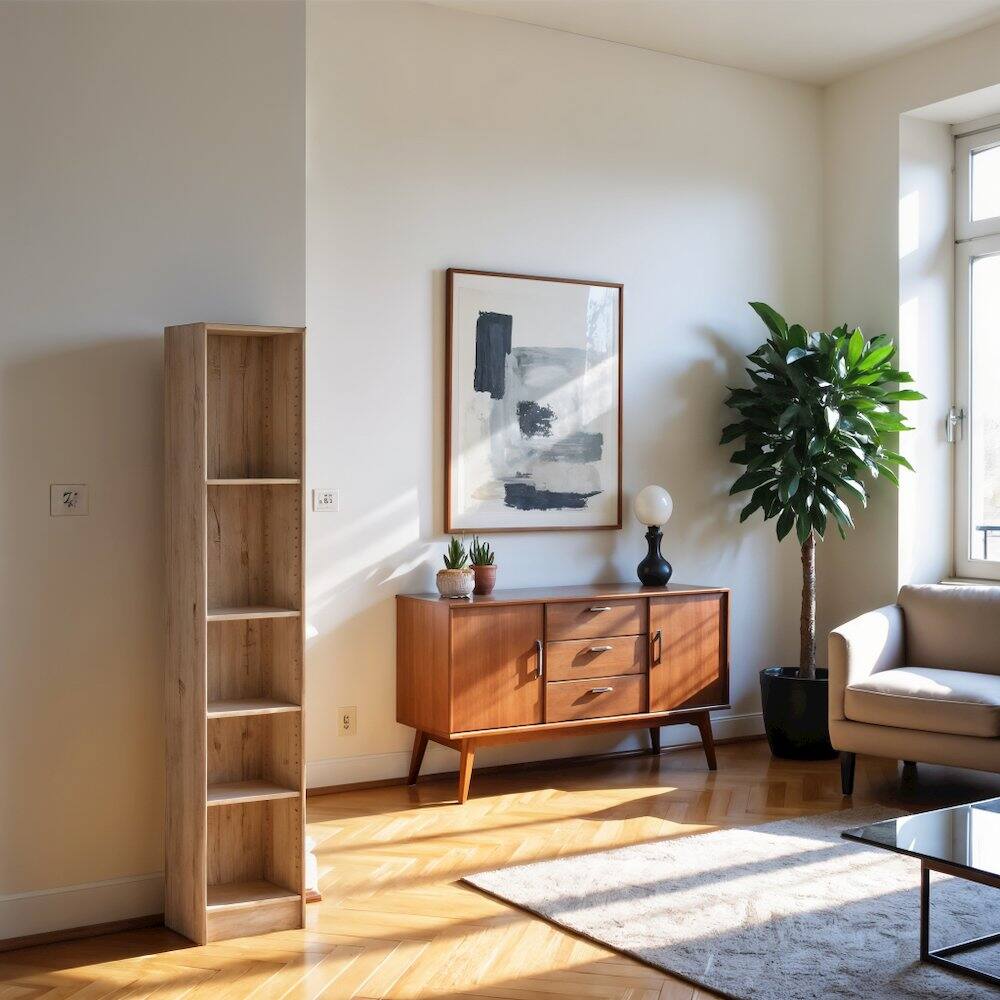 Alt View 2. FurniFact - Tall Narrow Book Shelf - Compact Small Bookshelf with 5 Shelves - Brown.