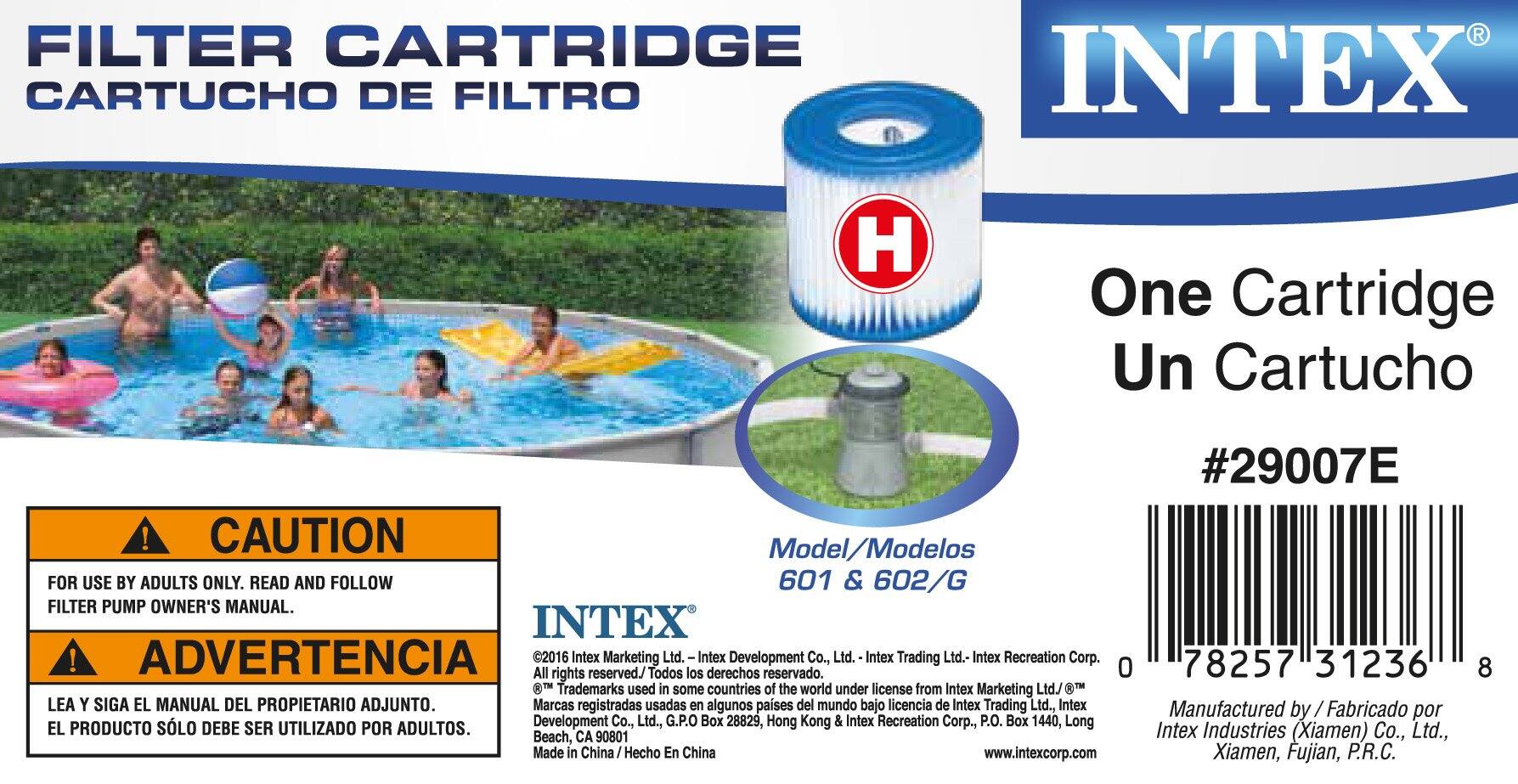 **FILTER CARTRIDGE**  
**CARTUCHO DE FILTRO**

**CAUTION**  
FOR USE BY ADULTS ONLY. READ AND FOLLOW FILTER PUMP OWNER'S MANUAL.  
**ADVERTENCIA**  
LEYA Y SIGA EL MANUAL DEL PROPIETARIO ADJUNTO. EL PRODUCTO SOLO DEBE SER UTILIZADO POR ADULTOS.

**INTEX**  
©2016 Intex Marketing Ltd. Intex Development Co., Ltd. Intex Trading Ltd. Intex Recreation Corp. All rights reserved. Todos los derechos reservados.  
Marcas registradas usadas en algunos países del mundo bajo licencia de Intex Marketing Ltd., Intex Development Co., Ltd., G.P. o Intex Trading Ltd., Intex Recreation Corp.  
Hecho en China / Made in China  
www.intexcorp.com

**One Cartridge**  
**Un Cartucho**  
#29007E

**Model/Modelos**  
601 & 602/G

**Manufactured by / Fabricado por**  
Intex Industries (Xiamen) Co., Ltd.  
Xiamen, Fujian, P.R.C.

**Barcode**
