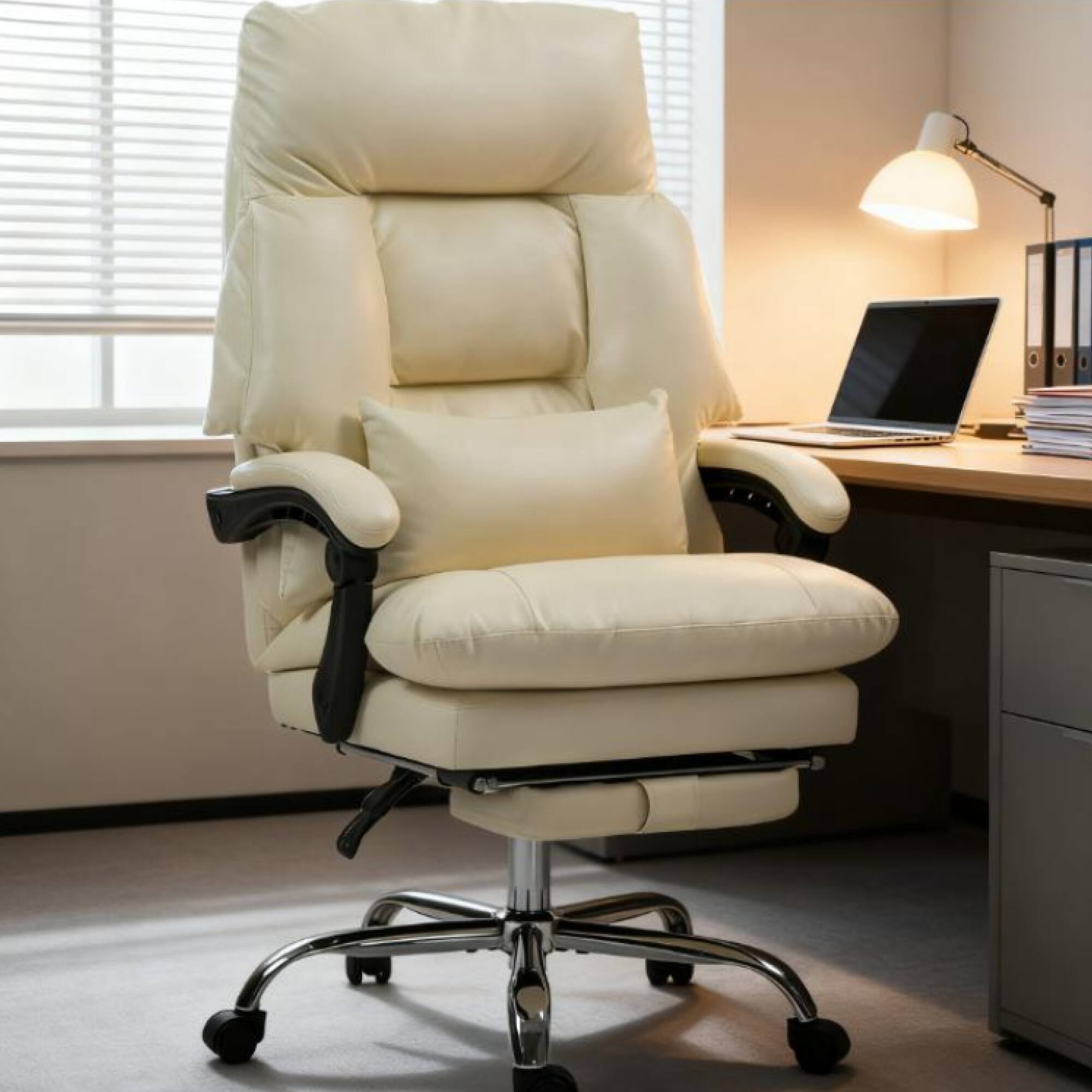 Alt View 4. GOODSILO - Premium High-Back Executive Office Chair with Ergonomic Support and Reclining Footrest for Enhanced Comfort - Cream White.