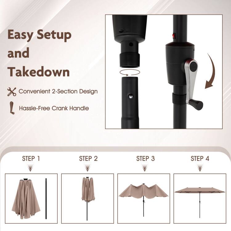 Easy Setup and Takedown  
Convenient 2-Section Design  
Hassle-Free Crank Handle  

STEP 1  
STEP 2  
STEP 3  
STEP 4