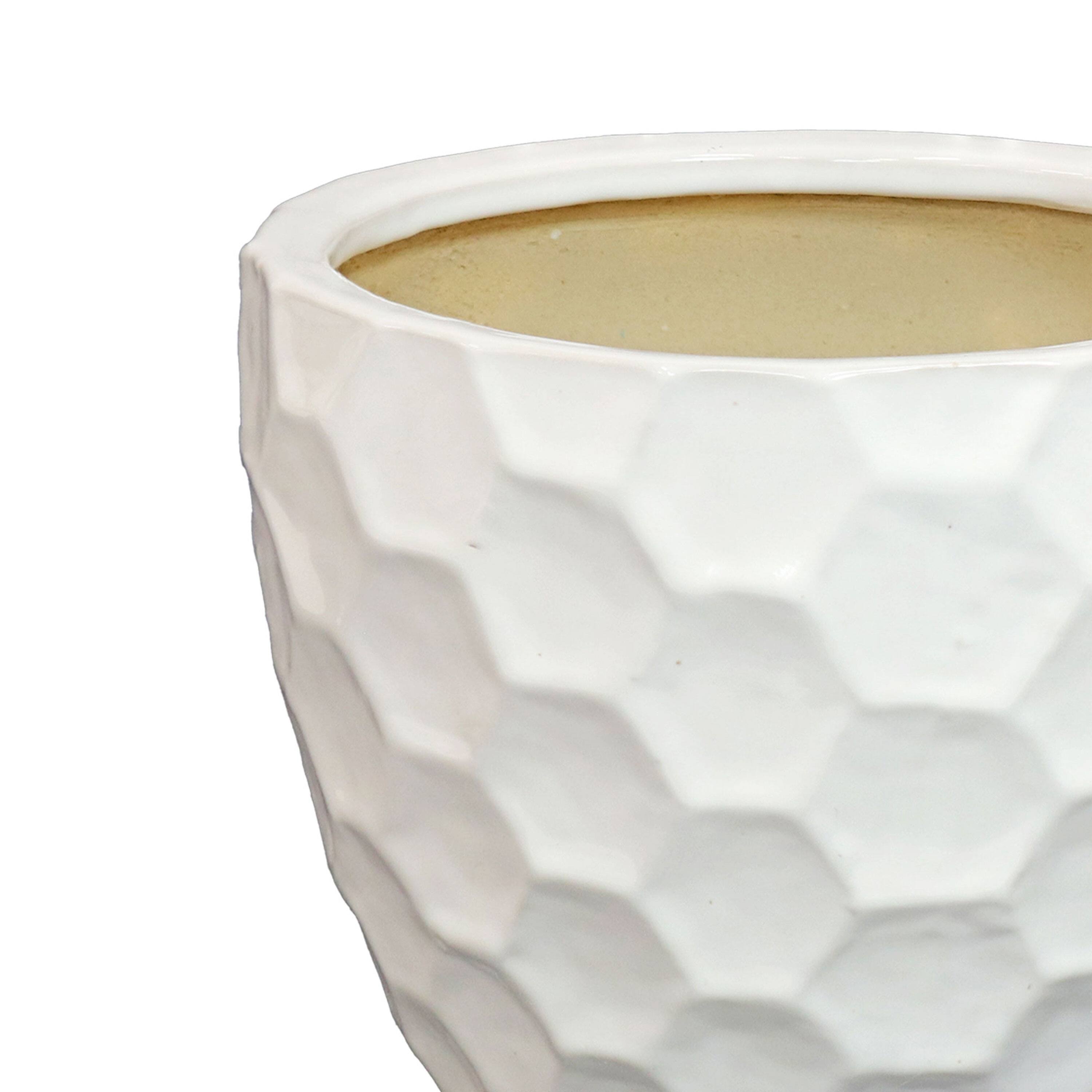 Alt View 6. Sunnydaze - 13.5" Honeycomb Pattern Ceramic Planter - Set of 2 - White.