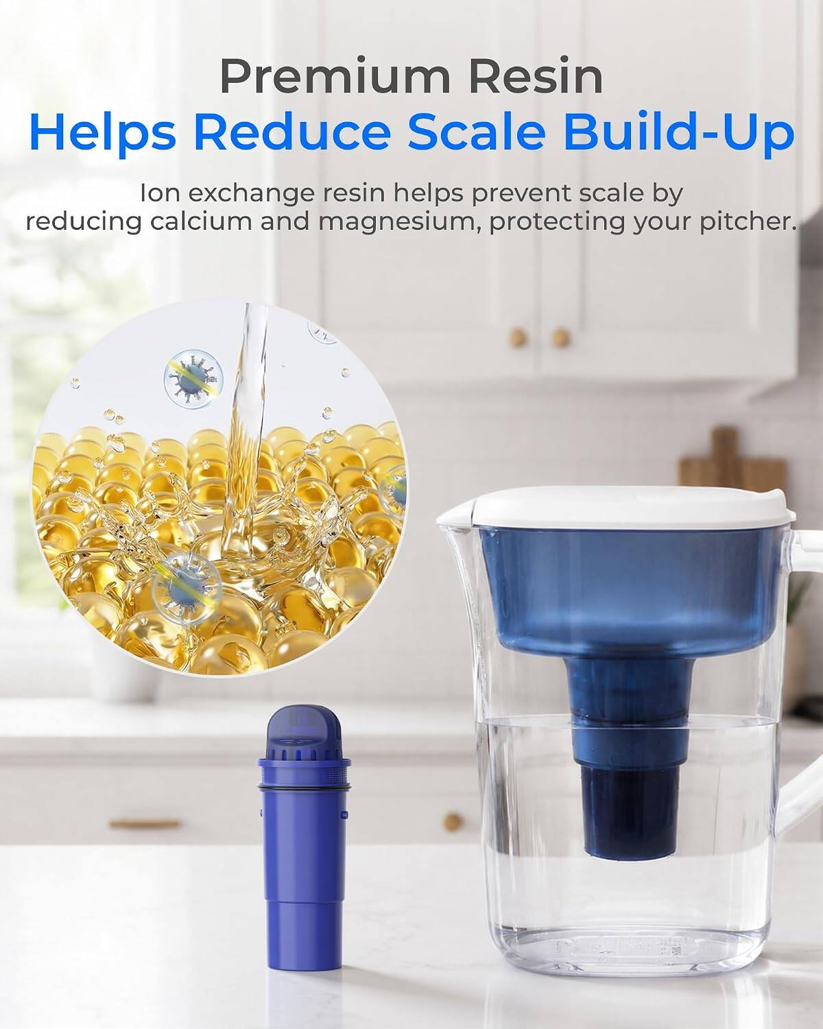 Premium Resin Helps Reduce Scale Build-Up  
Ion exchange resin helps prevent scale by reducing calcium and magnesium, protecting your pitcher.