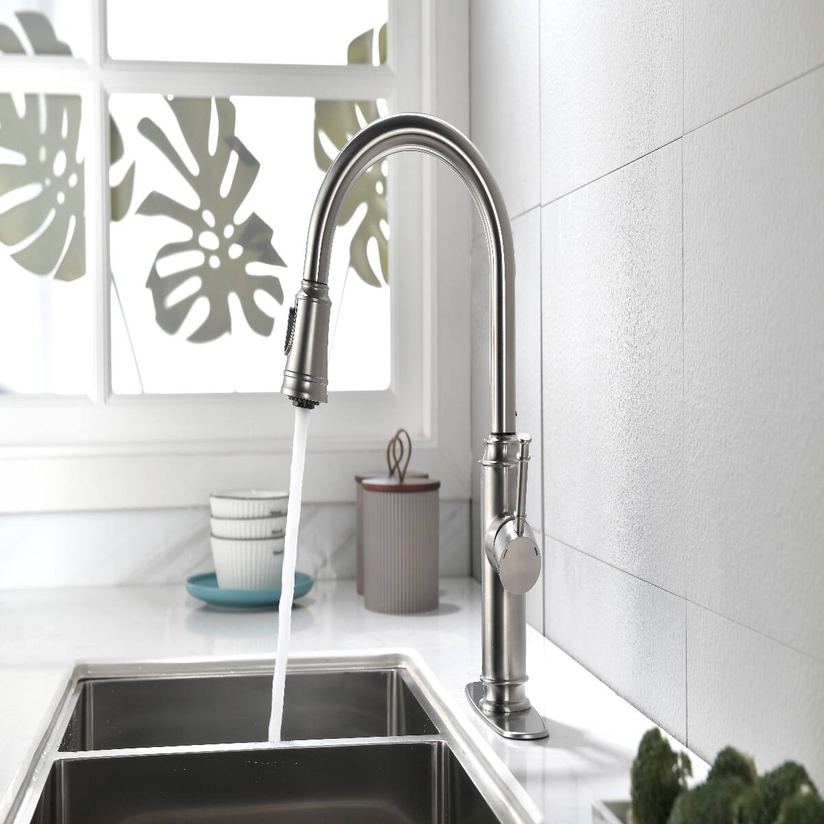 Angle. Ropilly - Ropilly Single Handle Kitchen Faucet, Stainless Steel Pull Down Sprayer, Brushed Nickel High Arc Sink Faucet - Brushed Nickel.