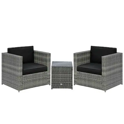 Front. Outsunny - 3 Pieces Wicker Outdoor Bistro Set, Rattan Patio Furniture Set with Glass Coffee Table - Grey.