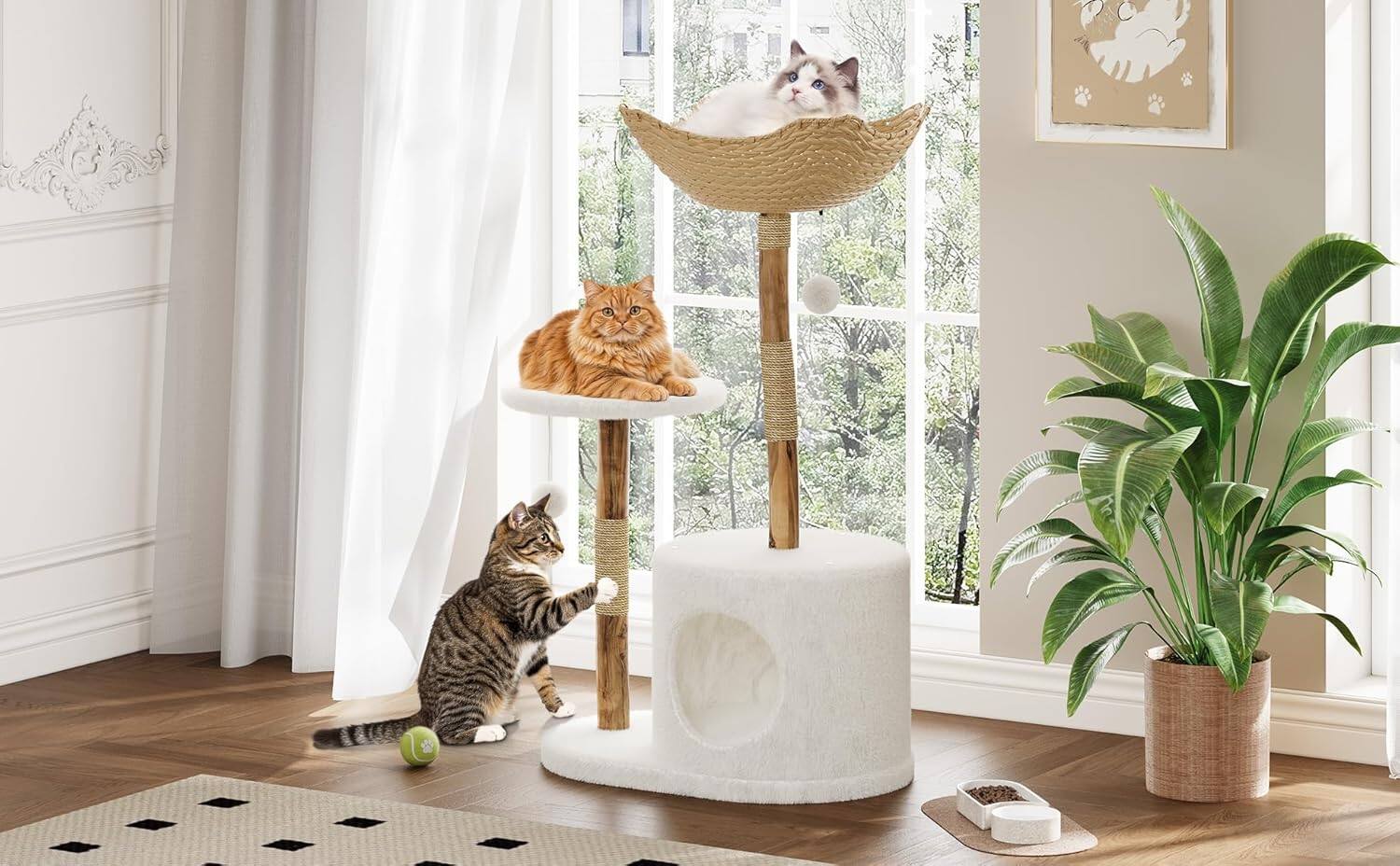 Angle. Acekool - Modern Natural Wood Cat Tree, Large Rattan Basket Tower, Scratching Posts, Branch Design, White Plush Perch, White.