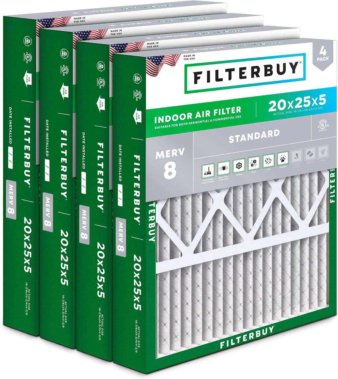 FILTERBUY 20x25x5  
MERV 8  
INDOOR AIR FILTER  
SUITABLE FOR BOTH RESIDENTIAL & COMMERCIAL USE  
MADE IN THE USA  
DATE INSTALLED  
ACTUAL SIZE: 19.75" x 24.75" x 4.3/8"