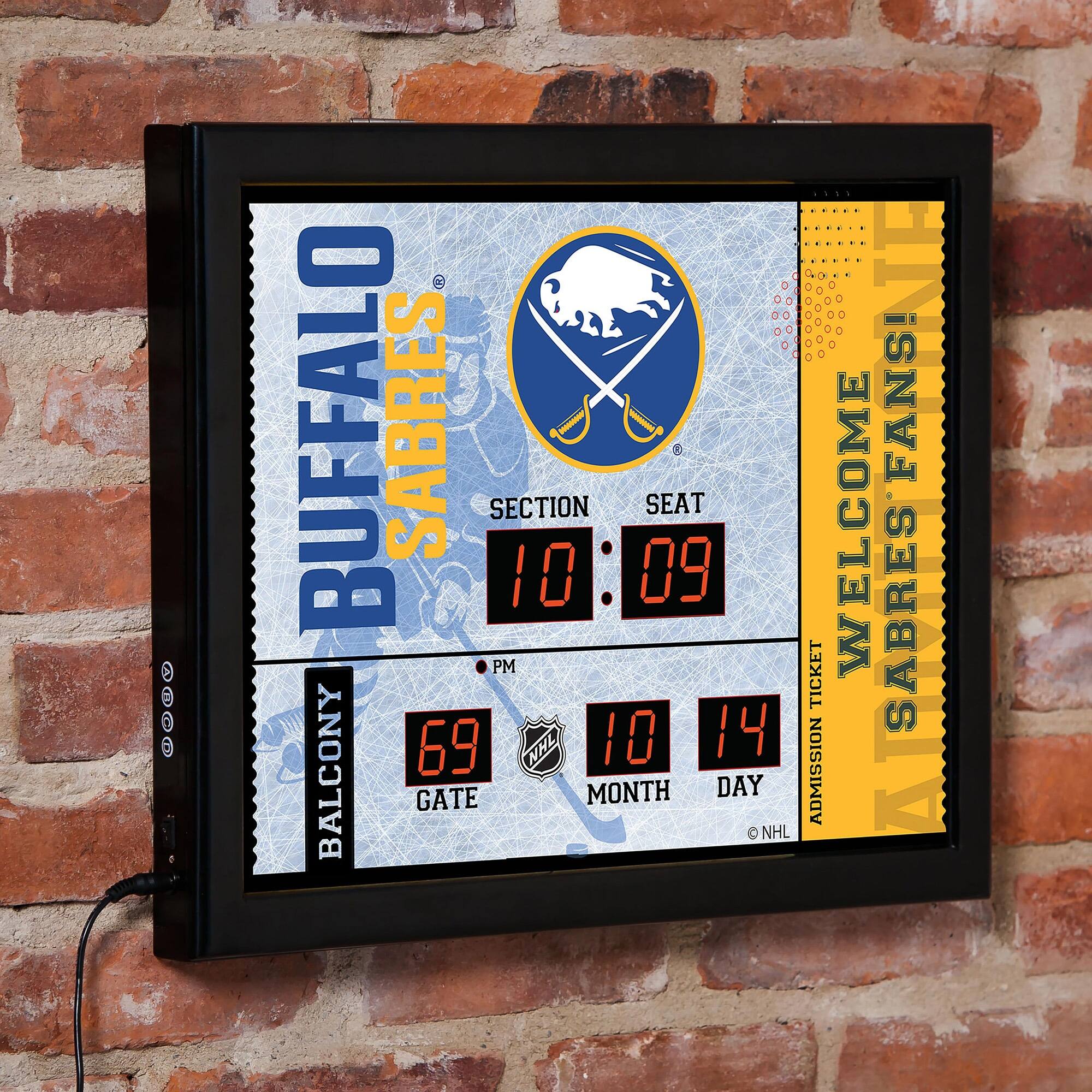 BUFFALO SABRES  
SECTION 10  
SEAT 09  
10:09 PM  
69  
BALCONY GATE  
MONTH 10  
DAY 14  
WELCOME SABRES' FANS!  
ADMISSION