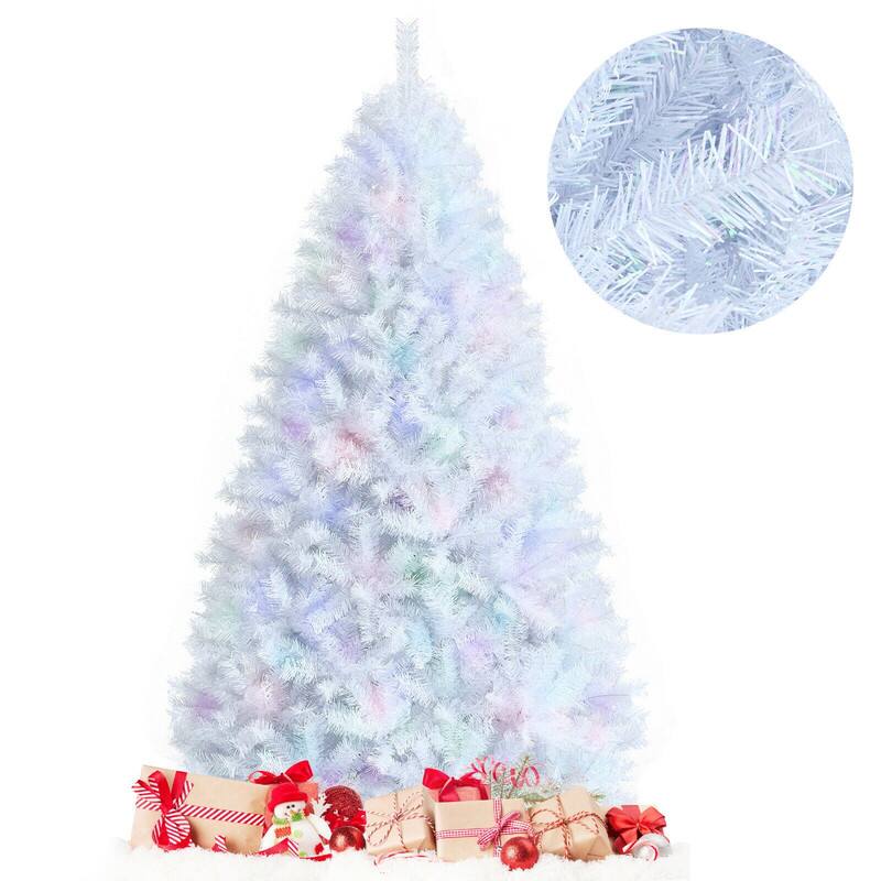 Angle. WELLFOR - 7ft Unlit Hinged Artificial Christmas Tree with 1156 Branch Tips, Iridescent Artificial Xmas Trees with Metal Stand - White.
