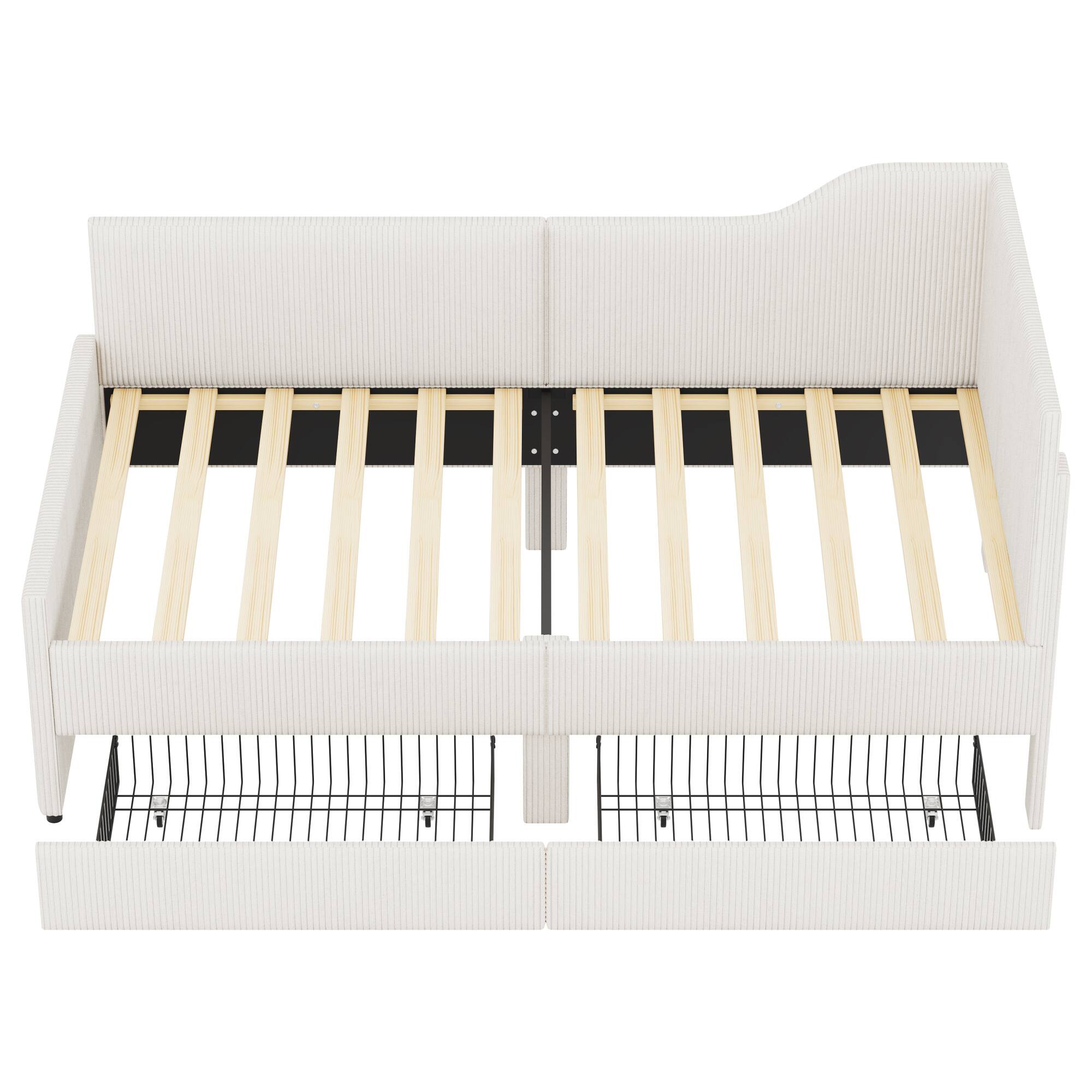 Alt View 7. GOODSILO - Twin Size L-Shaped Upholstered Daybed with Storage Drawers, Corduroy Fabric, Beige Finish - Beige.