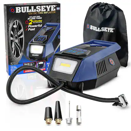 Fast TM BULLSEYE TV 12V DC TIRE INFLATOR INFLATES TIRES IN LESS THAN 2 minutes from 24 to 34 PSI Powerful Fast M 35.0
BULLSEYE
BULLSEYE
35.0 CDA
5 YEAR Sound WARRANTY GREAT FOR CAR TIRES BICYCLE MOTO PRESET PRI AT SHUT WITH AUTO SPO & ROS ALERT Light YEAR suos
AU S 350 PRESSURE se
BOITSEAE
02E
Fast