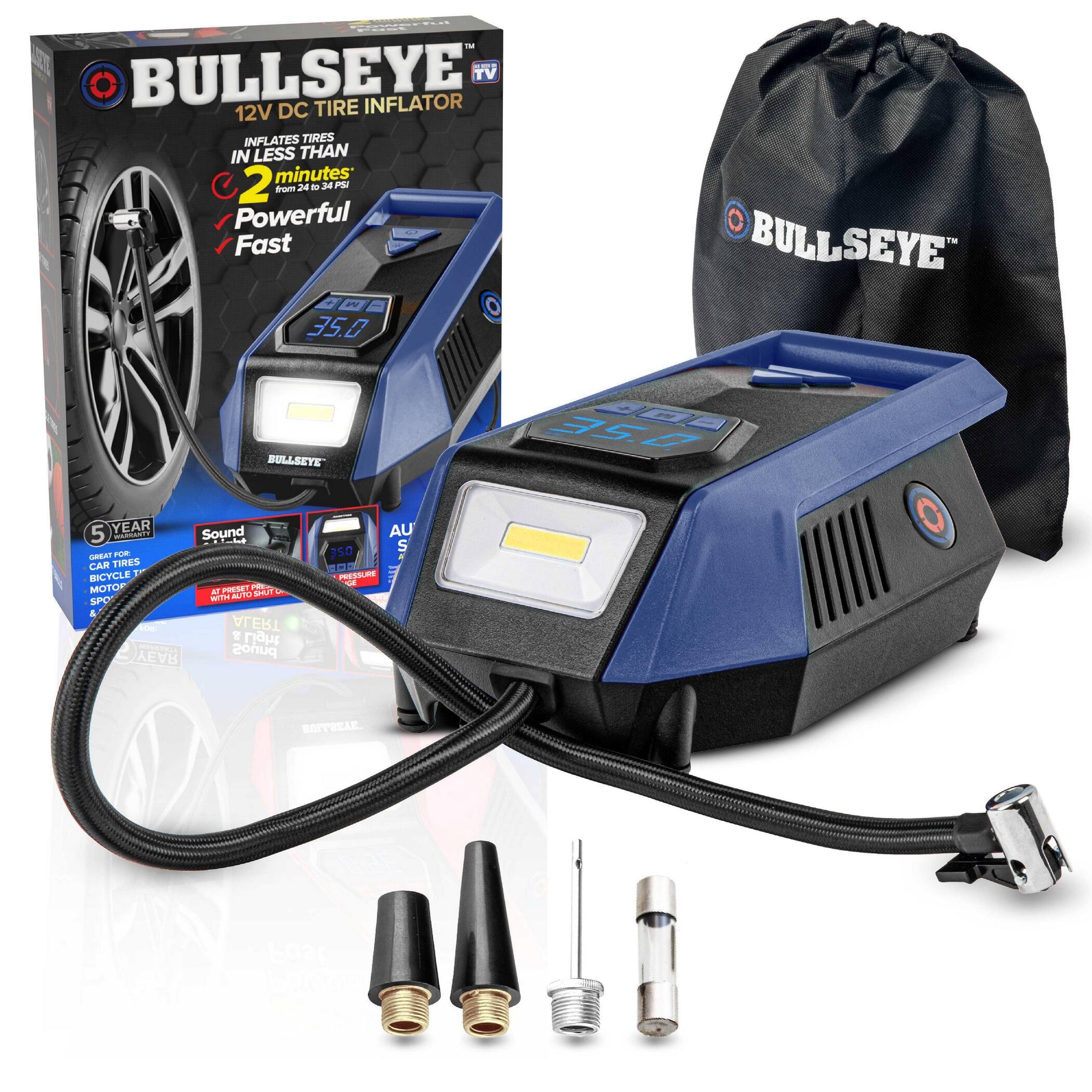 Fast TM BULLSEYE TV 12V DC TIRE INFLATOR INFLATES TIRES IN LESS THAN 2 minutes from 24 to 34 PSI Powerful Fast M 35.0

BULLSEYE
BULLSEYE
35.0 CDA
5 YEAR Sound WARRANTY  GREAT FOR CAR TIRES BICYCLE MOTO PRESET PRI AT SHUT WITH AUTO SPO & ROS ALERT  Light YEAR suos
AU S 350 PRESSURE se
BOITSEAE
02E
Fast