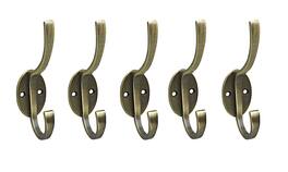 Zeckos - Set of 5 Antique Brass Finish Metal Wall Mounted Hat / Coat Hooks - Gold