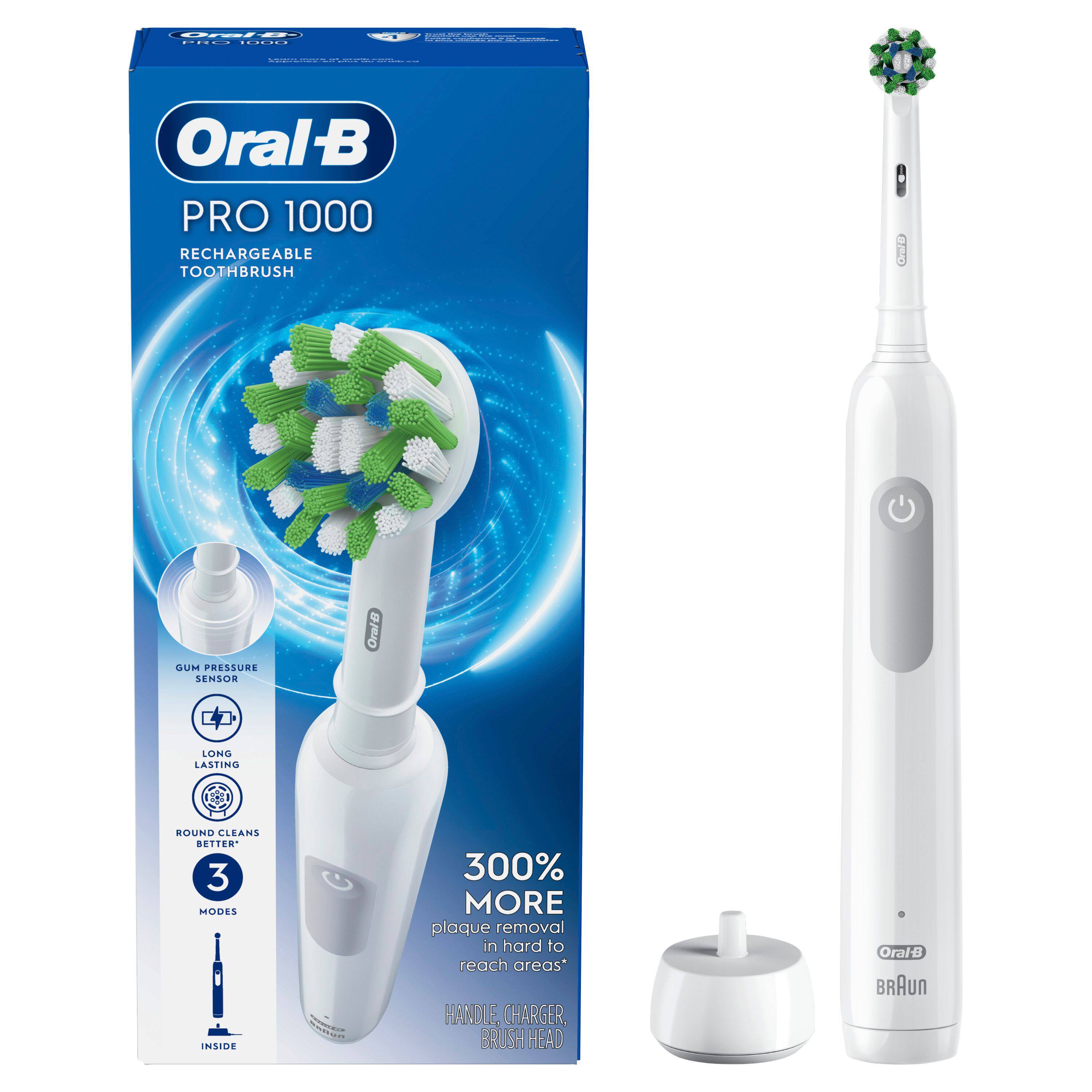 Oral-B PRO 1000 RECHARGEABLE TOOTHBRUSH  
GUM PRESSURE SENSOR  
Oral-B LONG LASTING ROUND CLEANS BETTER  
3 MODES  
300% MORE plaque removal in hard to reach areas*  
HANDLE, CHARGER, BRUSH HEAD  
Oral-B BRAUN