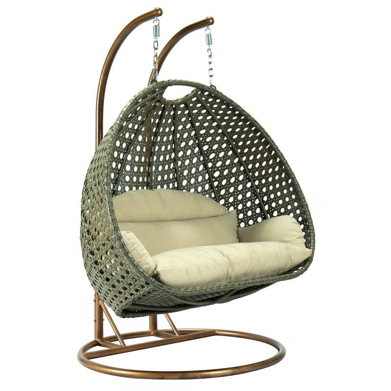 Back. LeisureMod - Leisuremod 2-Person Wicker Egg Swing Chair with Stand & Washable Cushions - Indoor/Outdoor Double Hanging Patio Chair - Taupe.