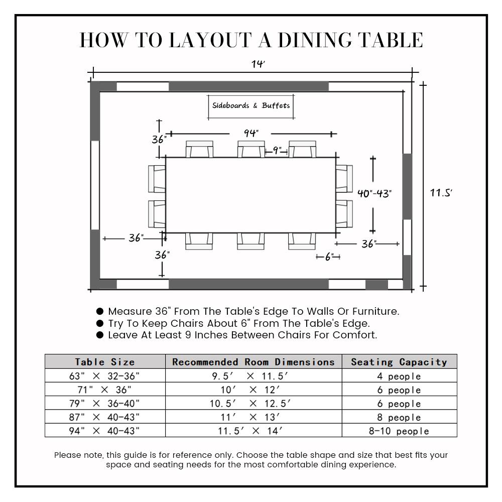 **HOW TO LAYOUT A DINING TABLE**

**14'**

- **Sideboards & Buffets**
  - 36"
  - 94"
  - 9"
  - 40"-43"
  - 11.5"
  - 36"
  - 36"
  - 36"

- **Measure 36" From The Table's Edge To Walls Or Furniture.**
- **Try To Keep Chairs About 6" From The Table's Edge.**
- **Leave At Least 9 Inches Between Chairs For Comfort.**

**Table Size**
- 63" x 32-36"
- 71" x 36"
- 79" x 36-40"
- 87" x 40-43"
- 94" x 40-43"

**Recommended Room Dimensions**
- 9.5' x 11.5'
- 10' x 12'
- 10.5' x 12.5'
- 11' x 13'
- 11.5' x 14'

**Se