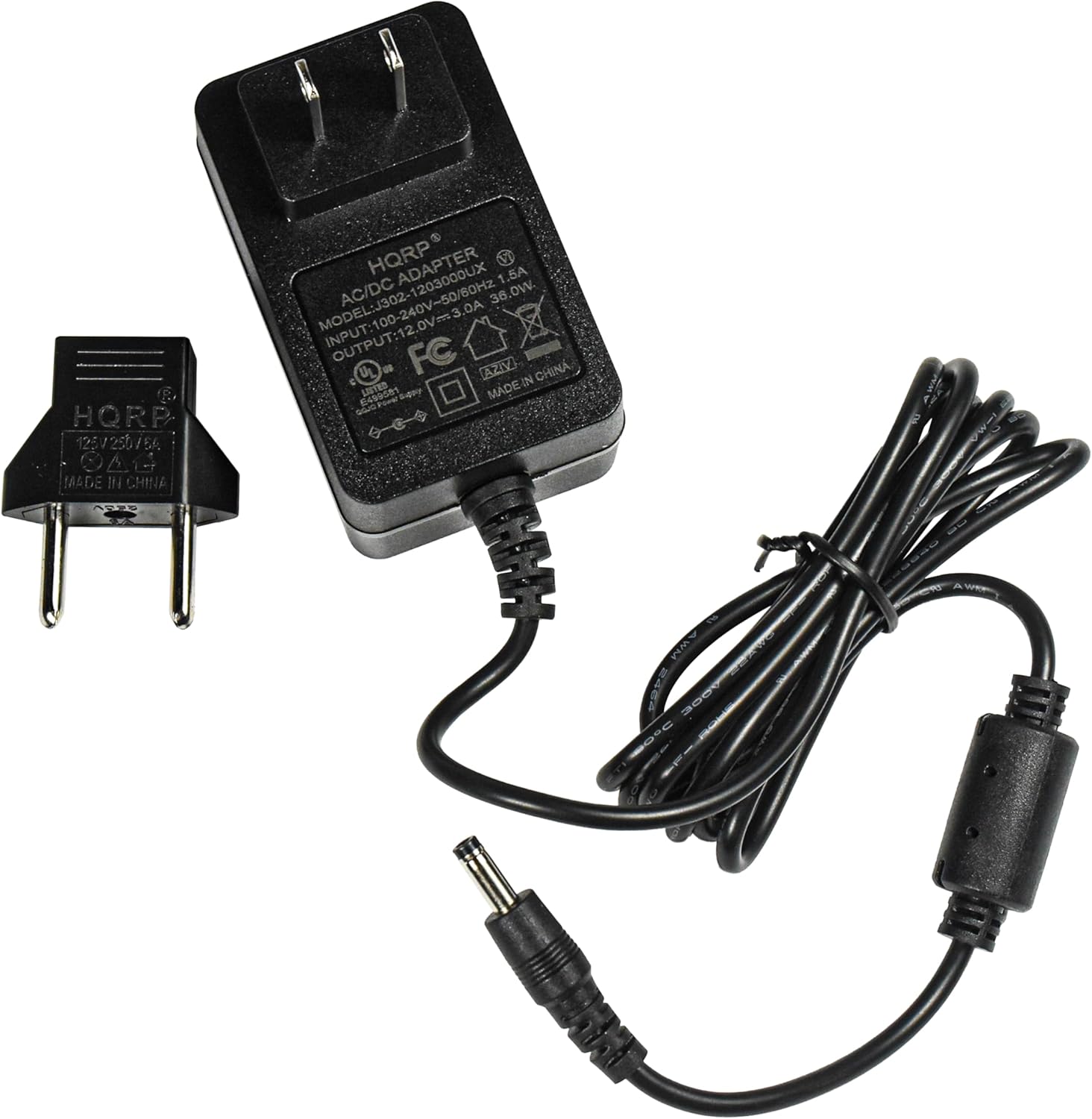 HQRP 125 125V250756 4G MADE IN CHINA  
HQRP ADAPTER S 1.5A 1 MODEL: J302-1203000UX AC/DC 240V-50/60Hz 36 36.0W  
MODEL: J302 OUTPUT: 12.0V 3.0A OUTPUT: 12 FC UL O 2V CHINA METRS  
MADE IN CHINA