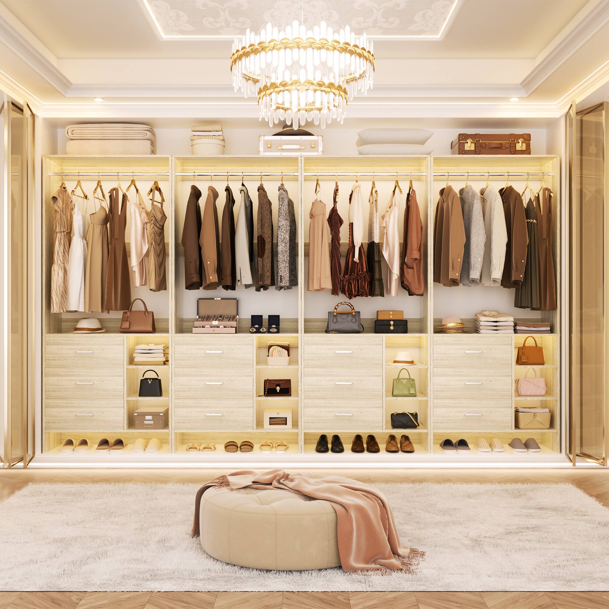 Back. Aheaplus - 10FT Large Closet System 4-Piece Set with 12 Drawers, 118'' Walk-in Closet Organizer with Hanging Rods for Closet - Beige Oak.