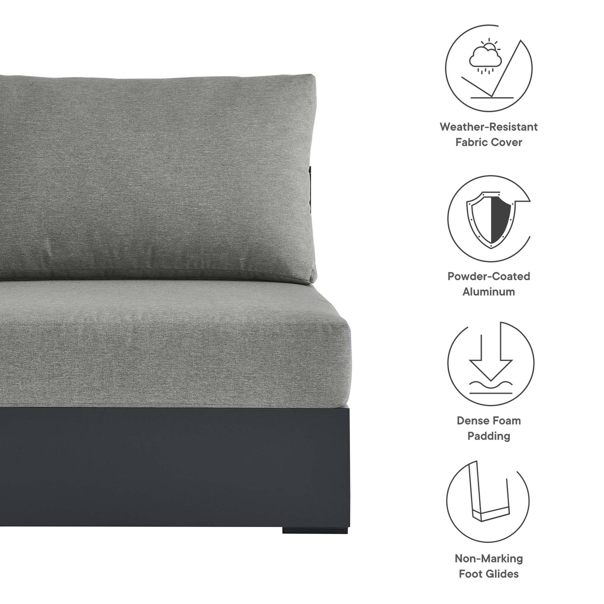 Weather-Resistant Fabric Cover  
Powder-Coated Aluminum  
Dense Foam Padding  
Non-Marking Foot Glides