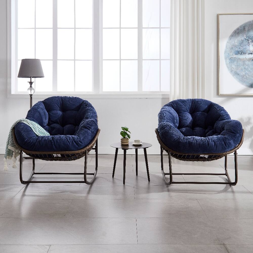 Alt View 8. Loheer - Loheer Outdoor Rattan Rocking Chair Oversized Egg Chair Padded Cushion Navy Blue - Navy Blue.