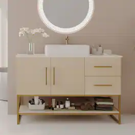 Loheer - 36 inch modern bathroom vanity with Ceramic Vessel Sink, American White Oak - American White Oak, Gold, White