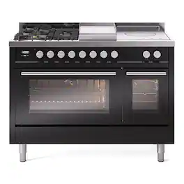 ILVE - Professional Plus II Series 48 in. Dual Fuel Range with 5 Sealed Burners + Griddle (Liquid Propane, Satin Trim) - Glossy Black