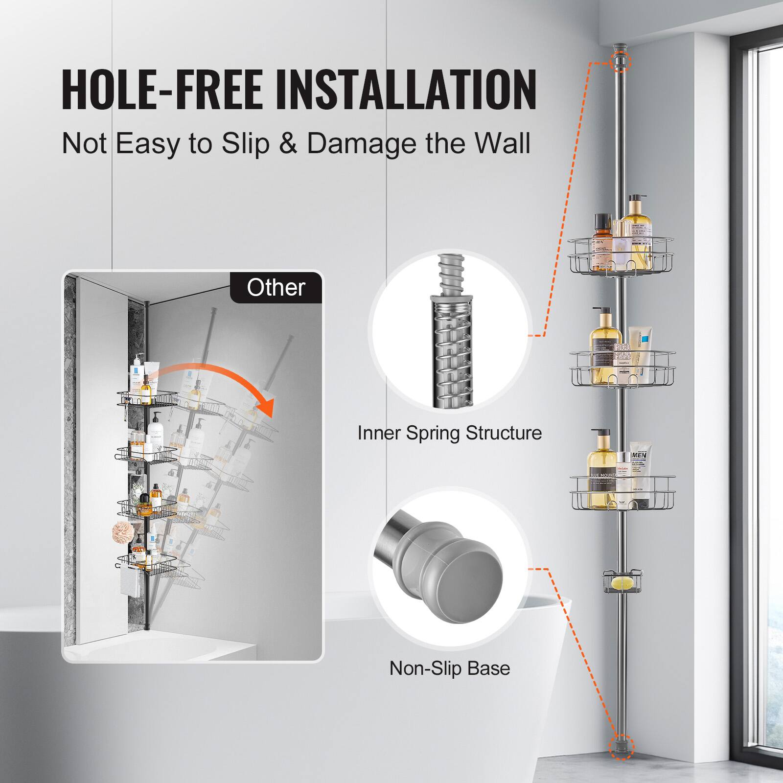 HOLE-FREE INSTALLATION  
Not Easy to Slip & Damage the Wall  

Other  
Inner Spring Structure  
Non-Slip Base