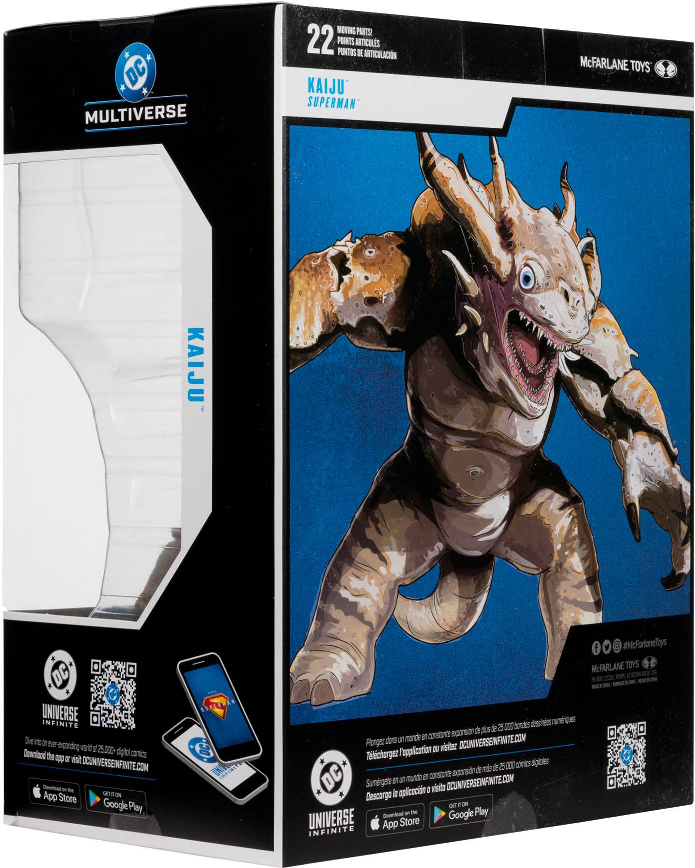 The image features a box containing a McFarlane Toys KaiJu Superman figure. The box is blue and has a picture of the figure on it. The figure itself is a mix of Superman and a sea monster, making it a unique and interesting collectible. The box also includes a cell phone and a comic book, adding to the overall value of the package. The box is labeled with the number 22, indicating that it is part of a larger collection or series. The combination of the figure, cell phone, and comic book creates an appealing and engaging collectible for fans of both Superman and sea monsters.