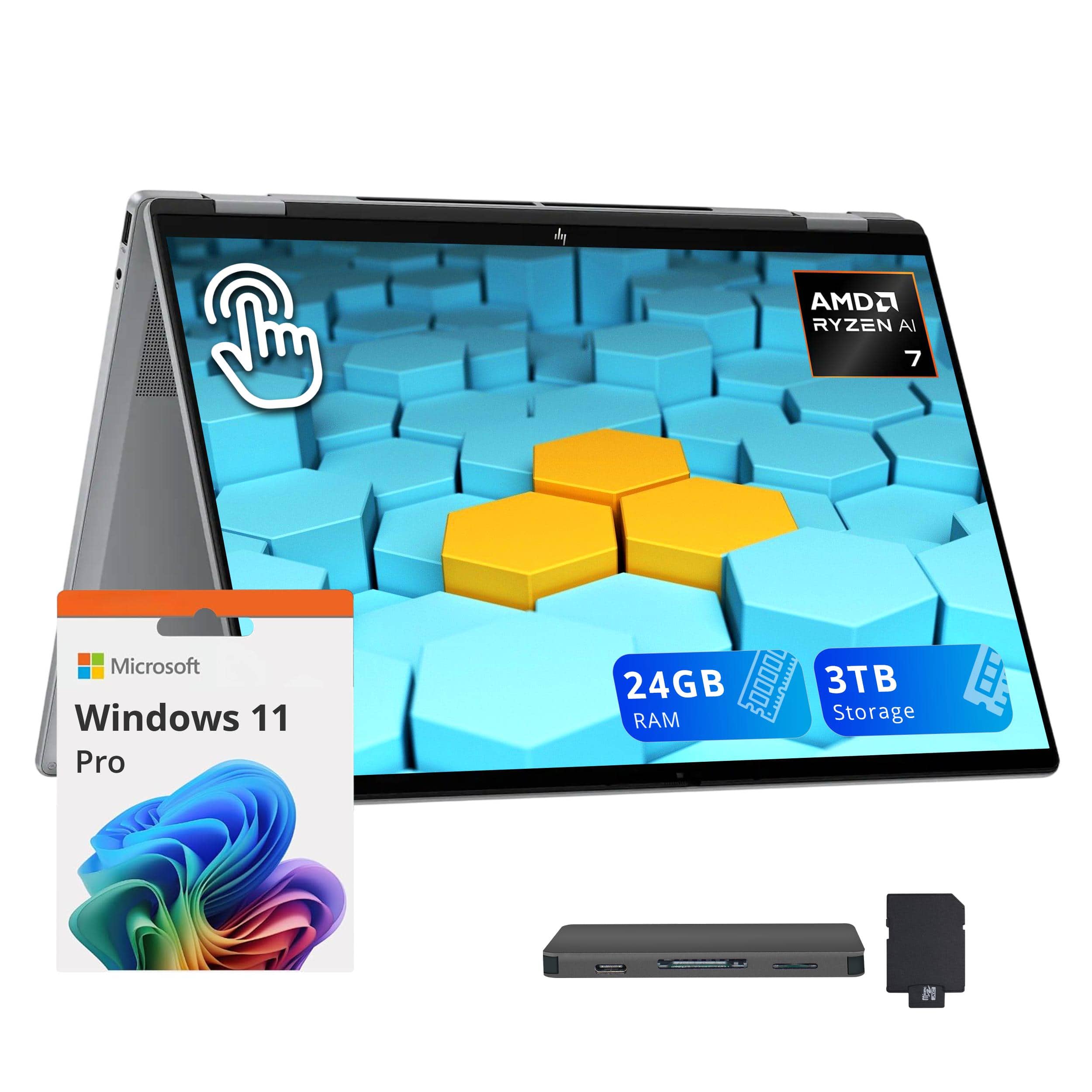 HP - OmniBook X Flip 2-in-1 16" FHD+ Touch Laptop,Ryzen AI 7 350,24GB RAM,2TB SSD+1TB Dock Set,Backlit,Win 11 Pro - Silver