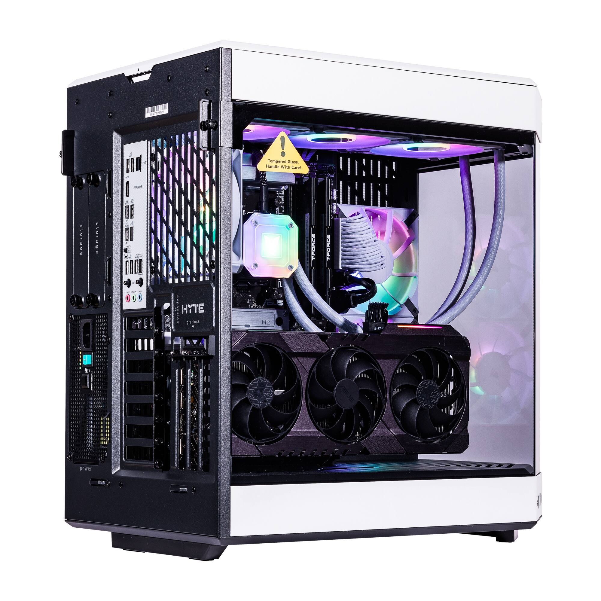 Sure, here is the corrected and grouped text from the image:

- **Front Panel:**
  - POWER
  - USB 3.0
  - USB 3.0
  - USB 2.0
  - USB 2.0
  - Audio Jacks

- **Inside the Case:**
  - HYTE graphics
  - M.2
  - TRINITY

- **Warning Label:**
  - The Tempered Glass
  - Handle with Care
  - May Break if Dropped