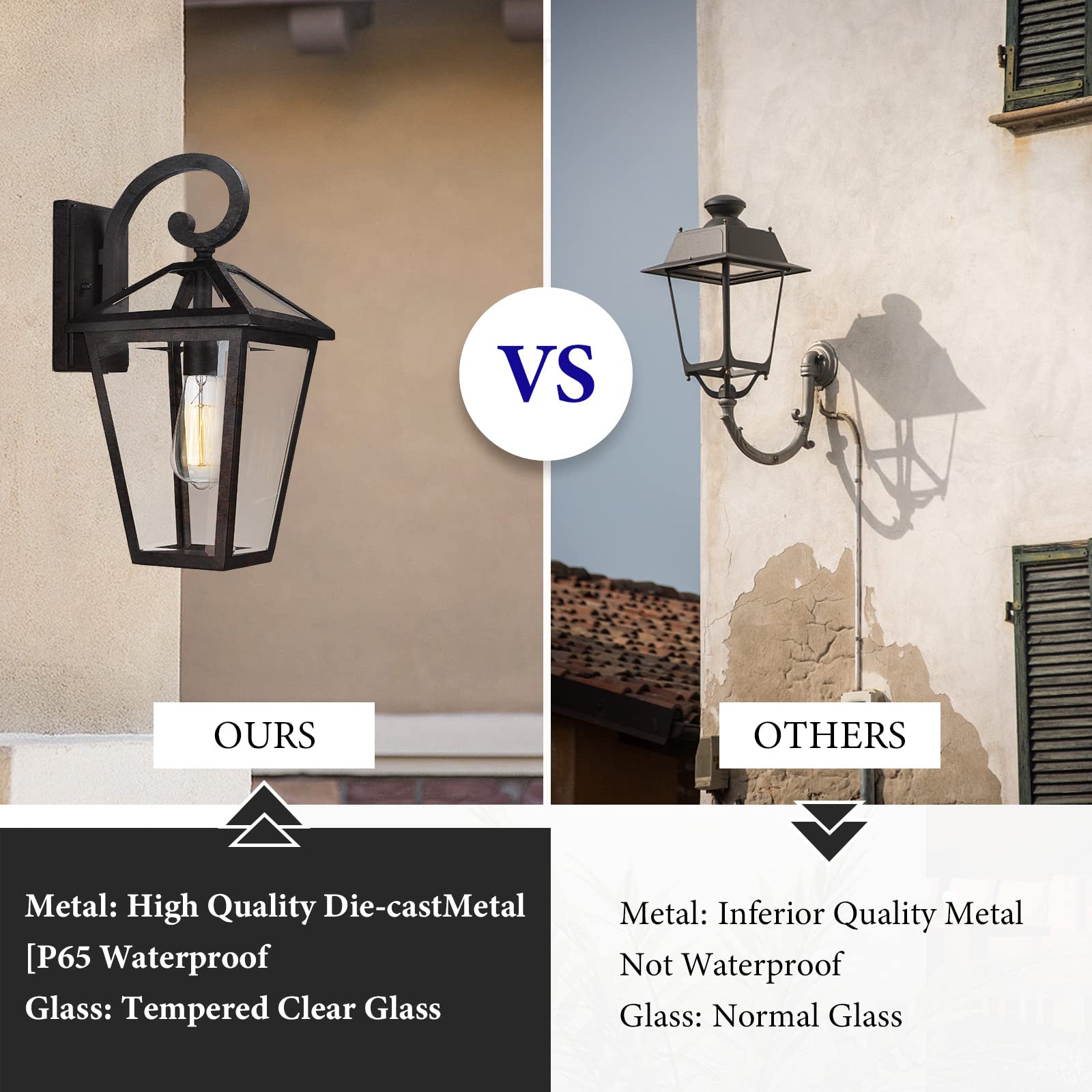 **OURS**

- Metal: High Quality Die-cast Metal
- [P65 Waterproof
- Glass: Tempered Clear Glass

**OTHERS**

- Metal: Inferior Quality Metal
- Not Waterproof
- Glass: Normal Glass