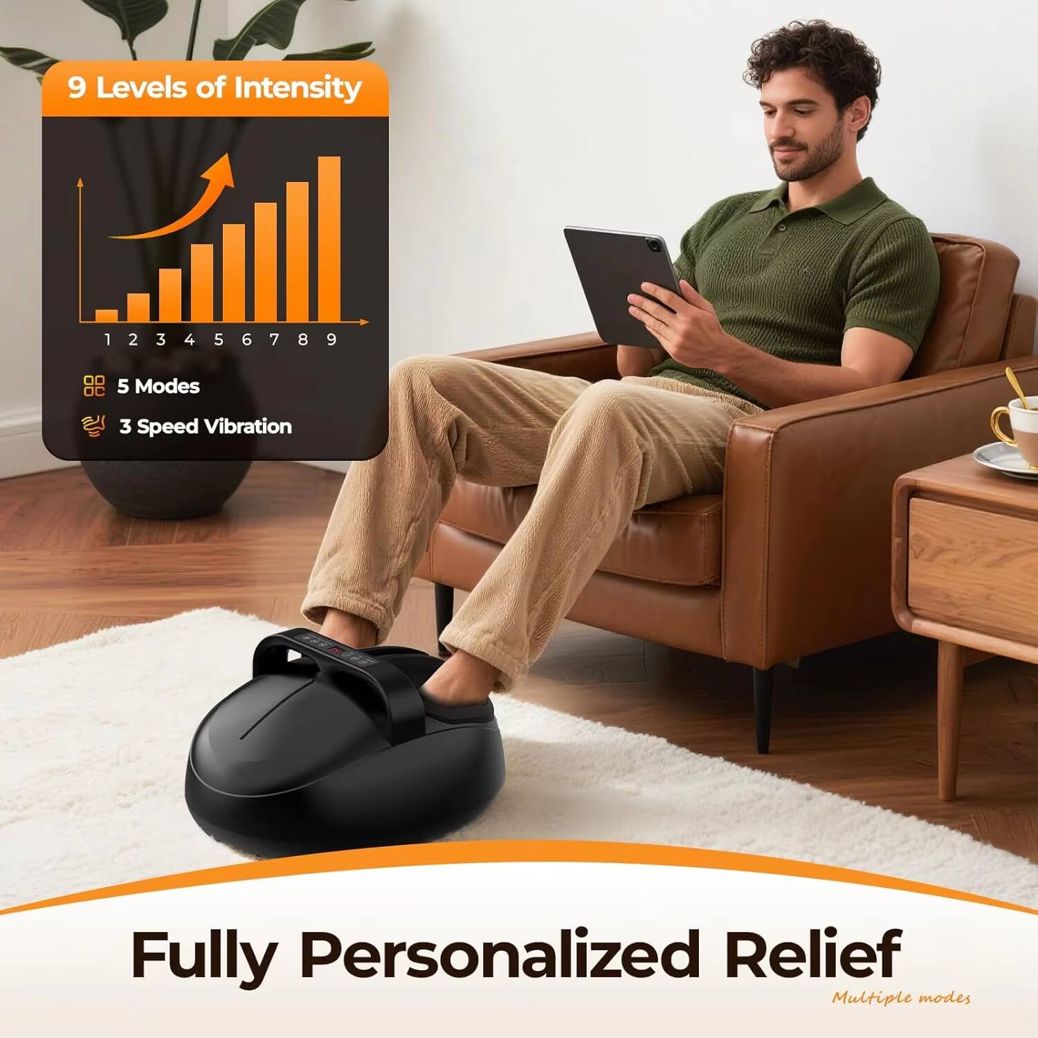 9 Levels of Intensity  
1 2 3 4 5 6 7 8 9  

5 Modes  
3 Speed Vibration  

Fully Personalized Relief  
Multiple modes